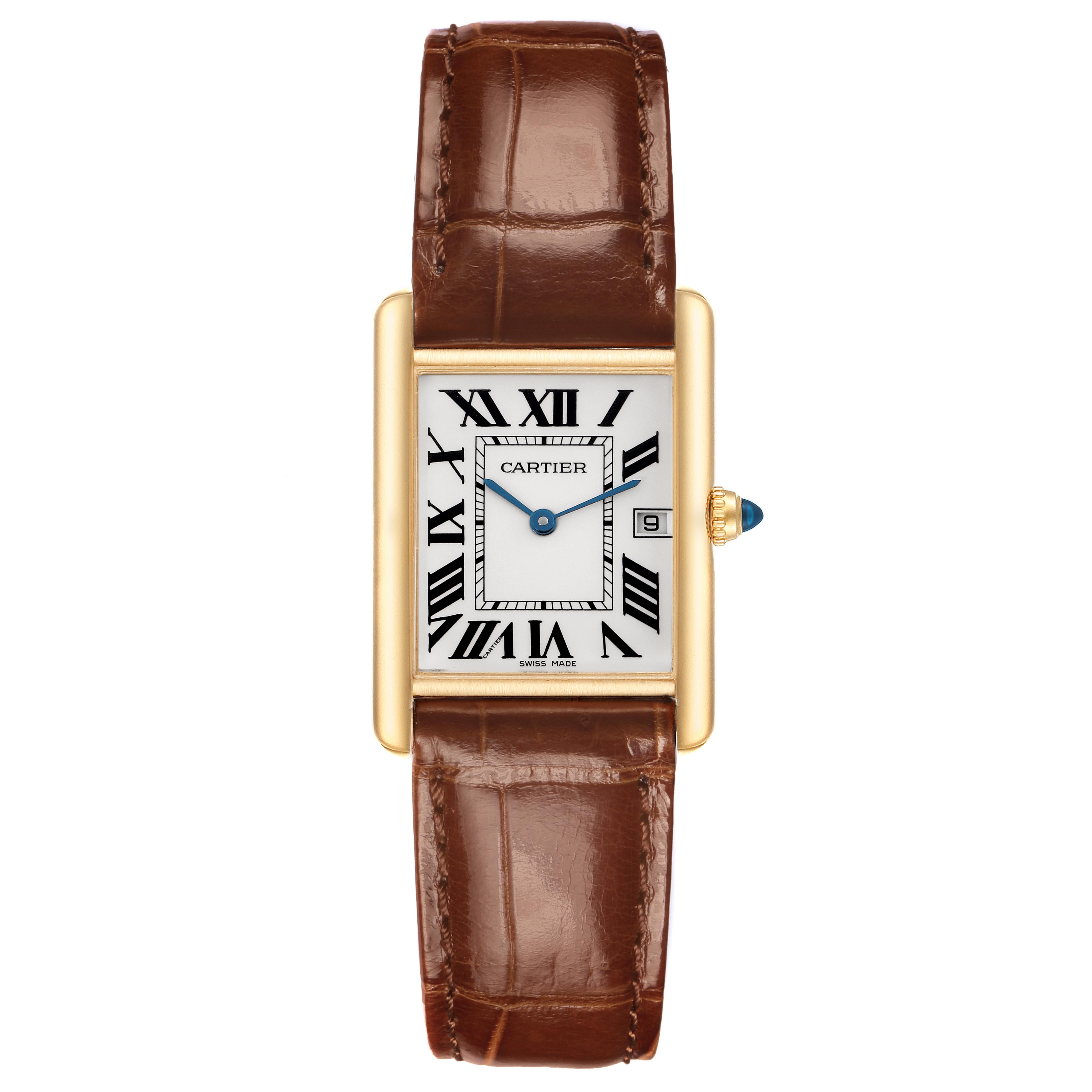 The Tank Louis by Cartier is shown from the front, highlighting its rectangular face, Roman numerals, and brown leather strap.