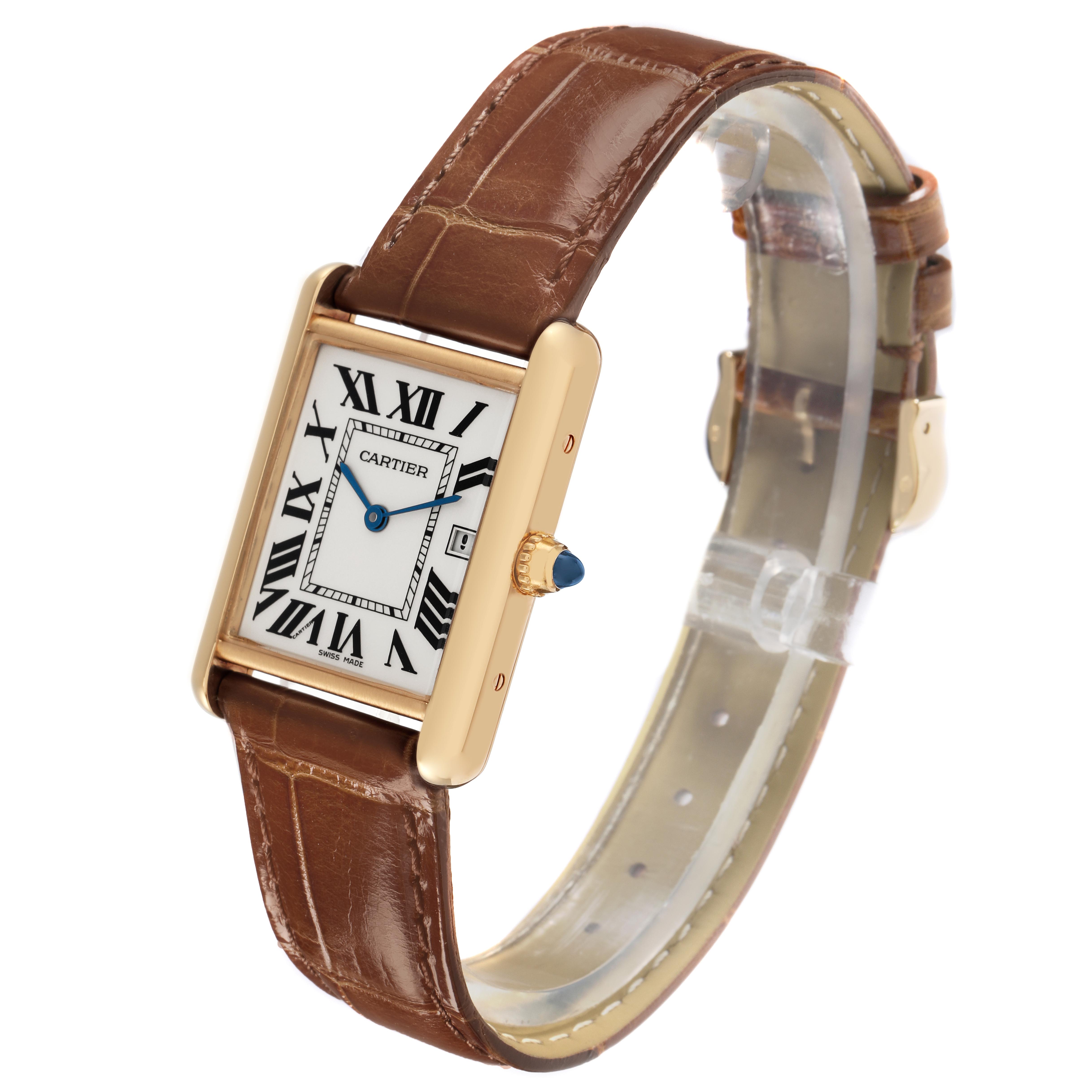 The Cartier Tank Louis W1529756 Men
s Yellow Gold Silver Dial W1529756 Men
s Yellow Gold Silver Dial watch is shown at a slight angle, displaying the face, Roman numerals, hands, and leather strap.