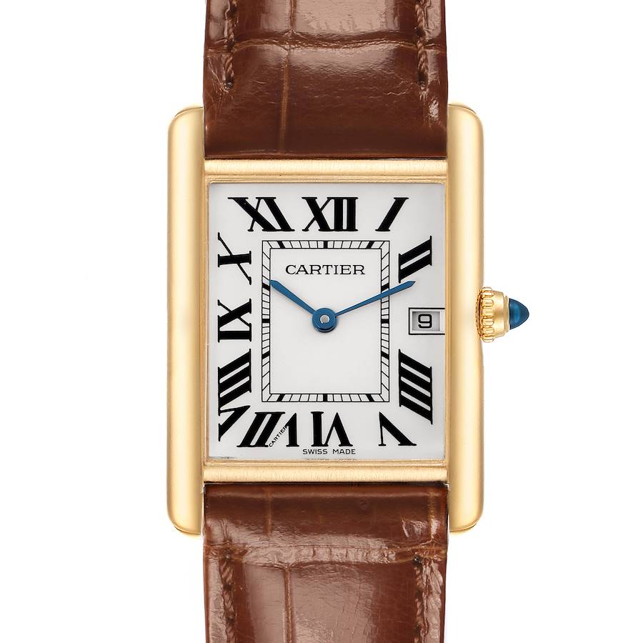 The Cartier Tank Louis watch is shown from a top view, highlighting its rectangular face, Roman numerals, and crown detail.