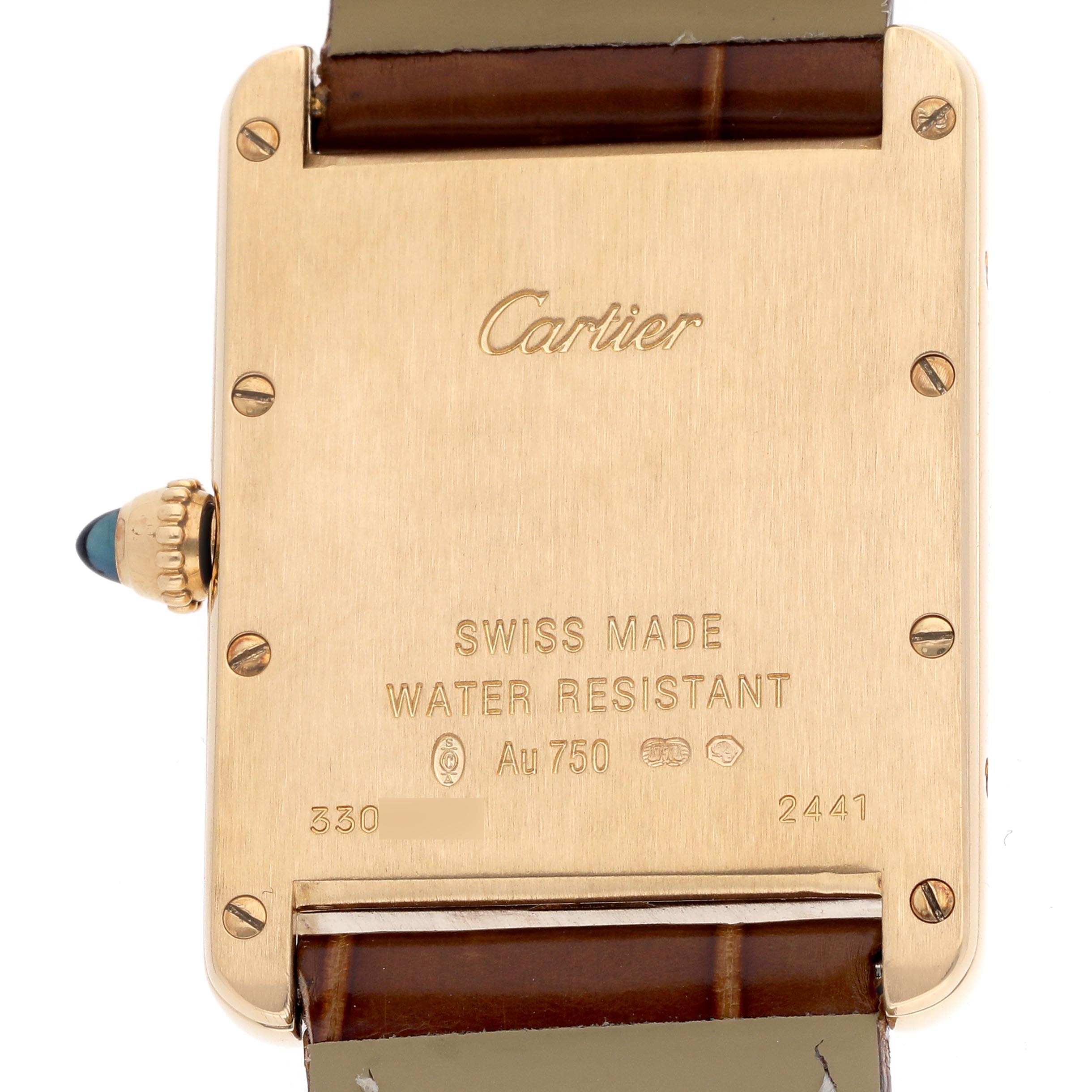 The image shows the back of a Cartier Tank Louis W1529756 Men
s Yellow Gold Silver Dial W1529756 Men
s Yellow Gold Silver Dial watch, highlighting the case, crown, and leather strap attachment.