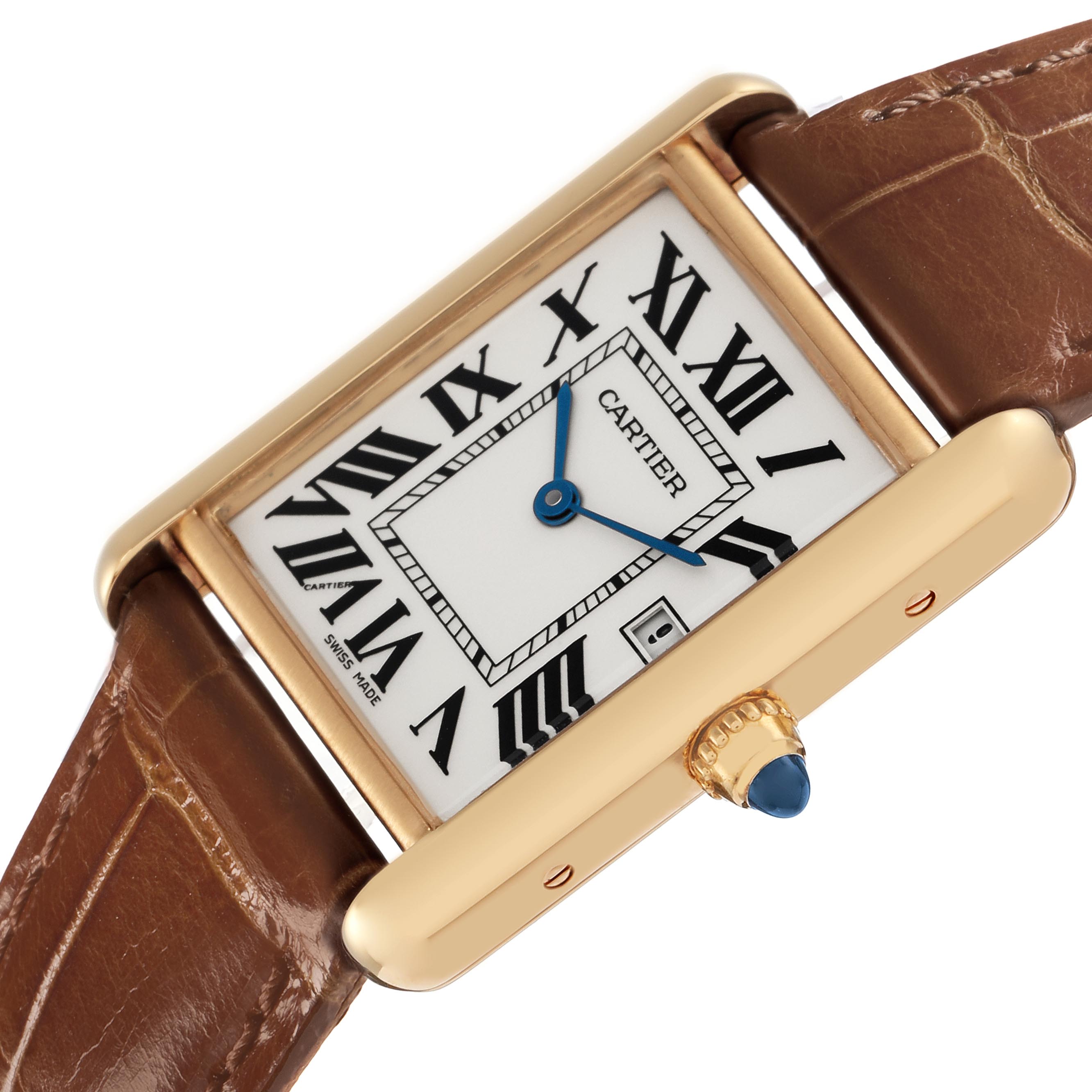 The Cartier Tank Louis W1529756 Men
s Yellow Gold Silver Dial W1529756 Men
s Yellow Gold Silver Dial watch is shown at a slight angle, highlighting the dial, crown, and brown strap.