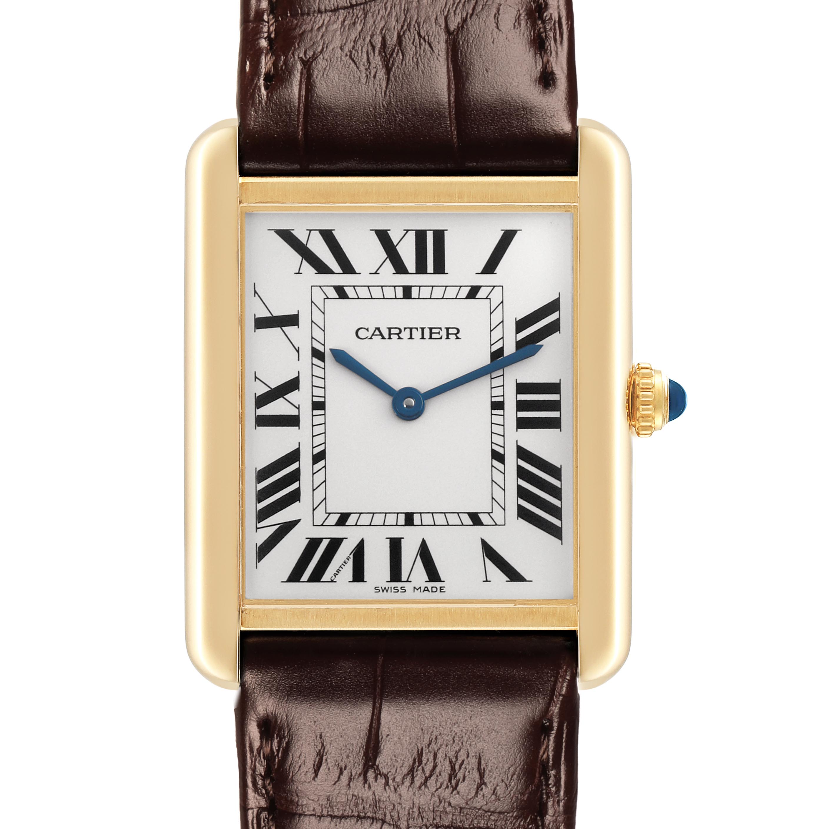 The Cartier Tank Solo W5200004 Men
s Steel and Gold (two tone) Silver Dial W5200004 Men
s Steel and Gold (two tone) Silver Dial watch is shown from the front, highlighting its rectangular face, Roman numerals, and part of the leather strap.