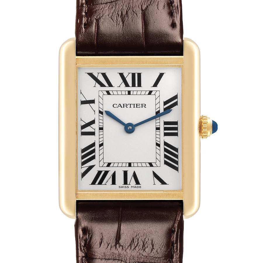 The Cartier Tank Solo watch is shown from the front, highlighting its rectangular face, Roman numerals, and part of the leather strap.