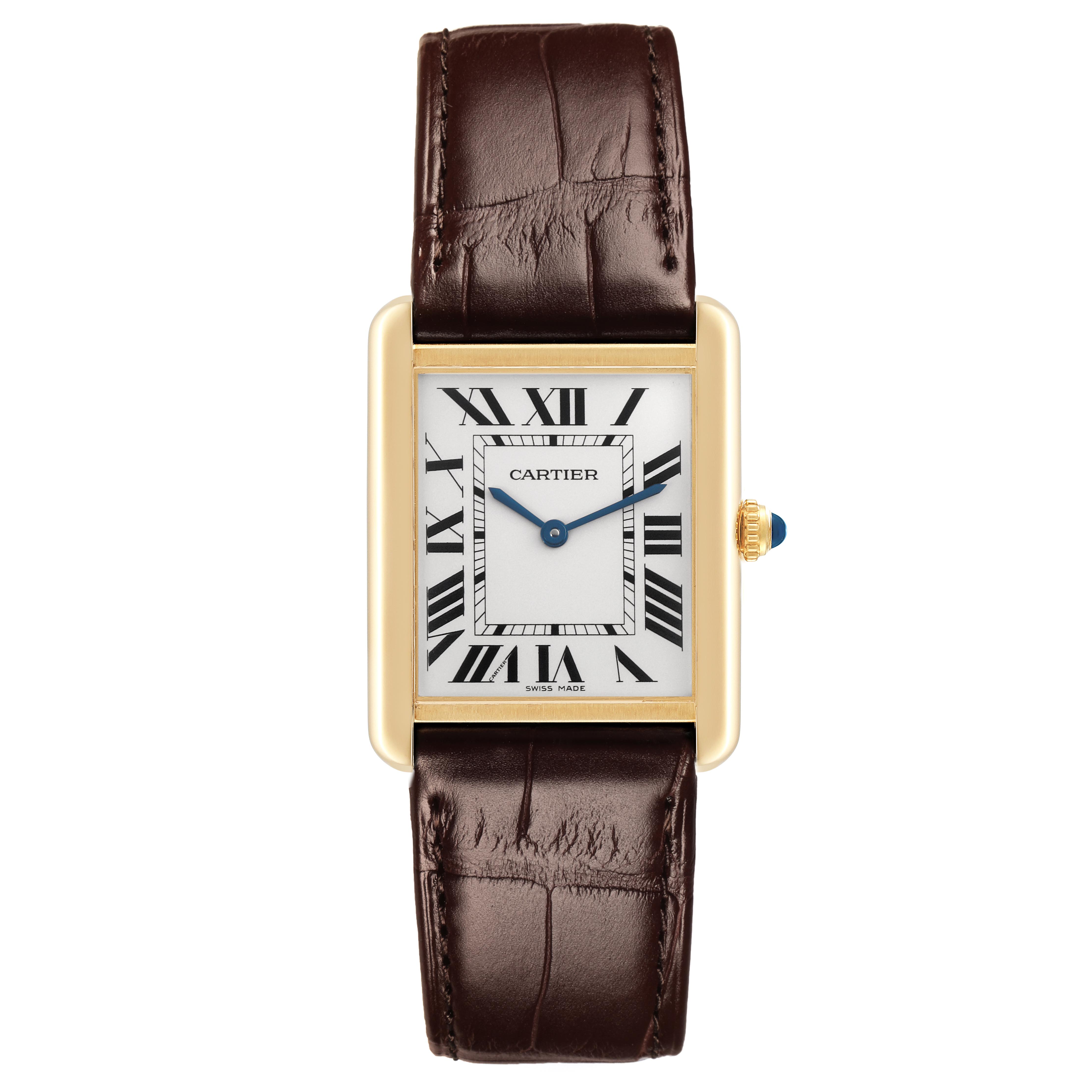 The Cartier Tank Solo W5200004 Men
s Steel and Gold (two tone) Silver Dial W5200004 Men
s Steel and Gold (two tone) Silver Dial watch is shown from the front, displaying the face, Roman numerals, and leather strap.