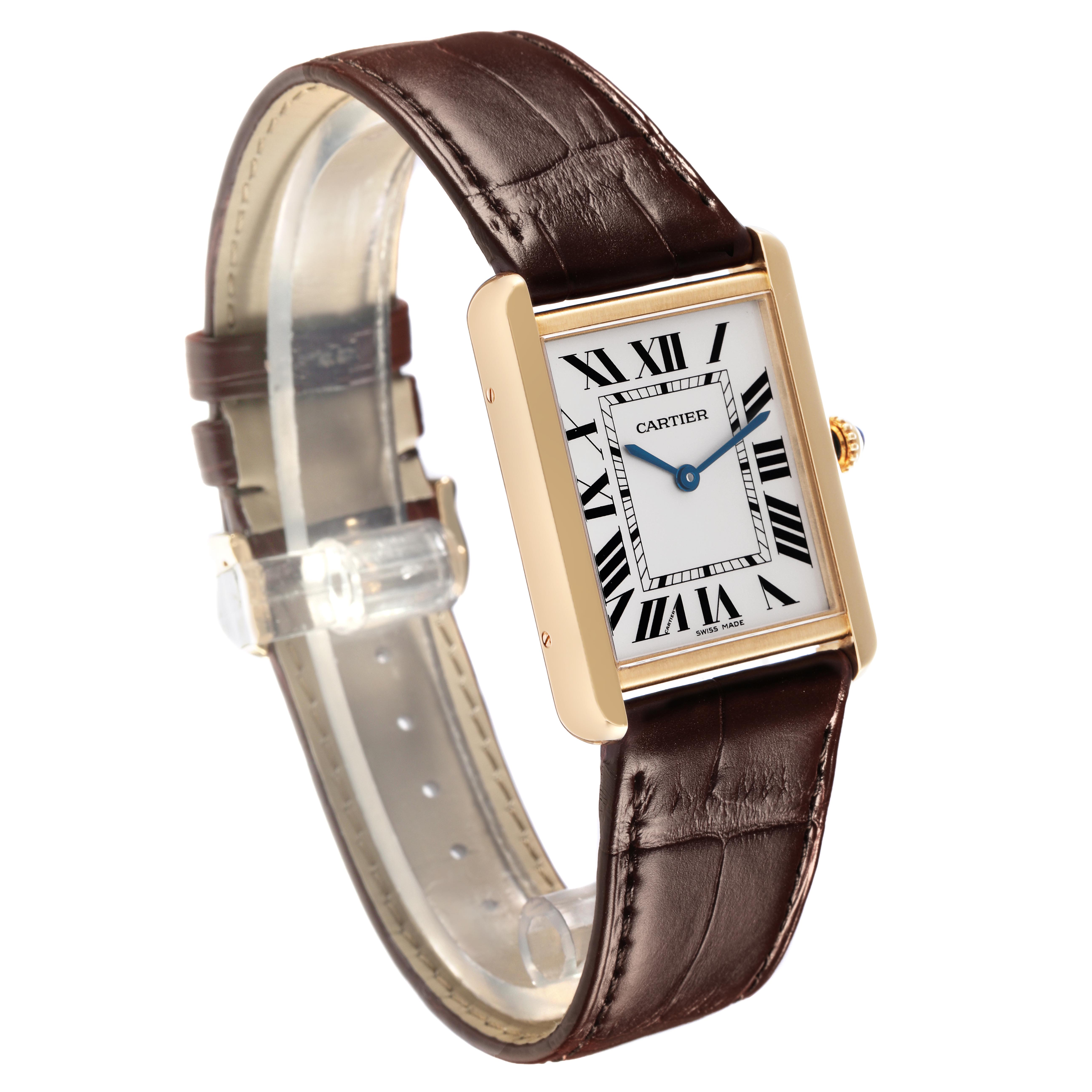 The Cartier Tank Solo W5200004 Men
s Steel and Gold (two tone) Silver Dial W5200004 Men
s Steel and Gold (two tone) Silver Dial watch is shown at a three-quarter angle, displaying the face, case, and brown leather strap.