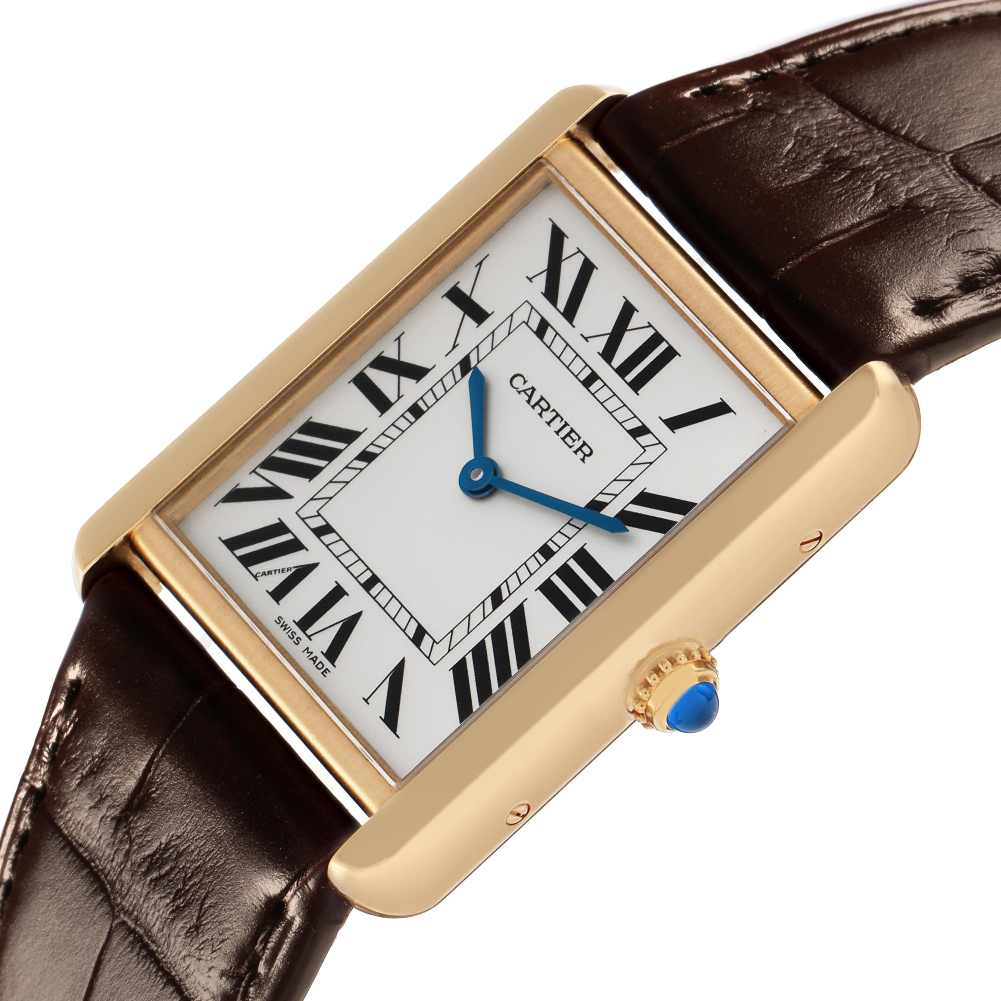 The Cartier Tank Solo W5200004 Men
s Steel and Gold (two tone) Silver Dial W5200004 Men
s Steel and Gold (two tone) Silver Dial watch is shown at a tilted angle, displaying the face, crown, and part of the leather strap.