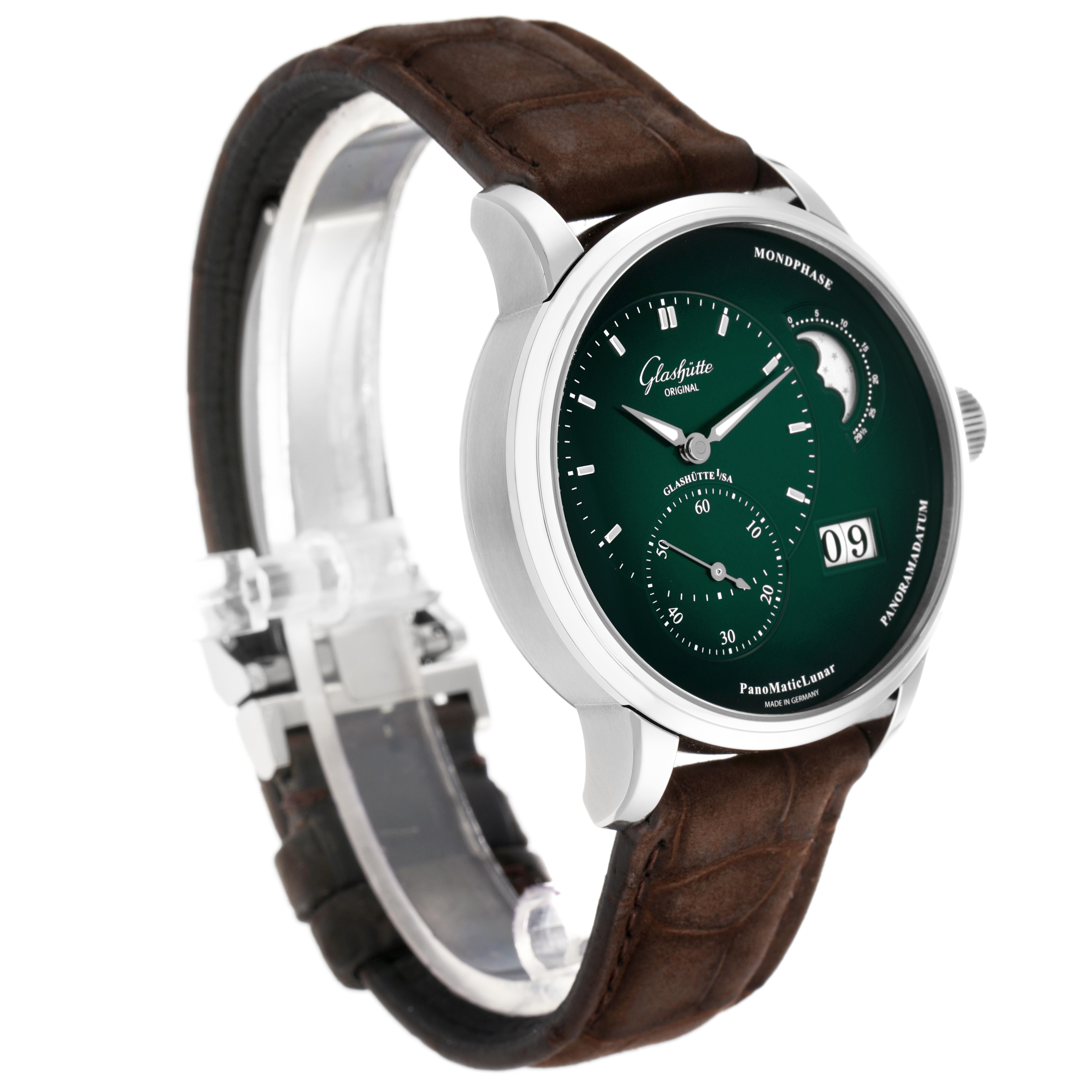 The Glashütte Pano model watch is shown at a three-quarter angle, displaying the dial, strap, and side crown.