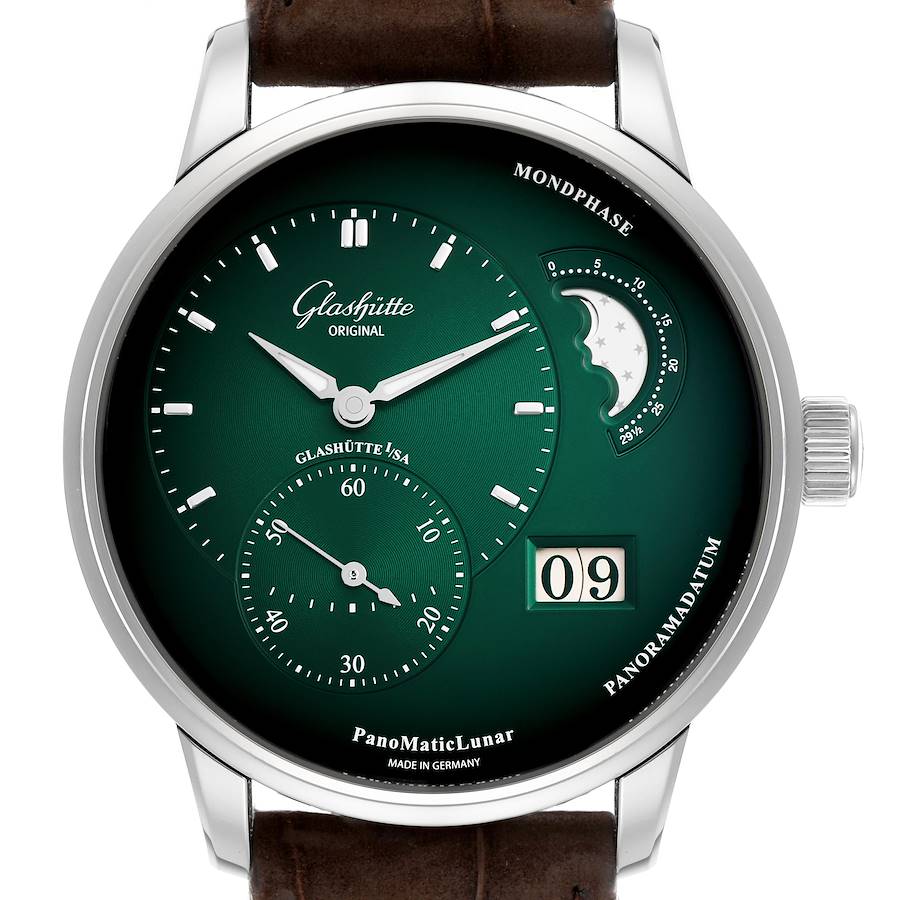 The Glashütte PanoMaticLunar watch is shown from a front angle, displaying the face, moon phase, and date.