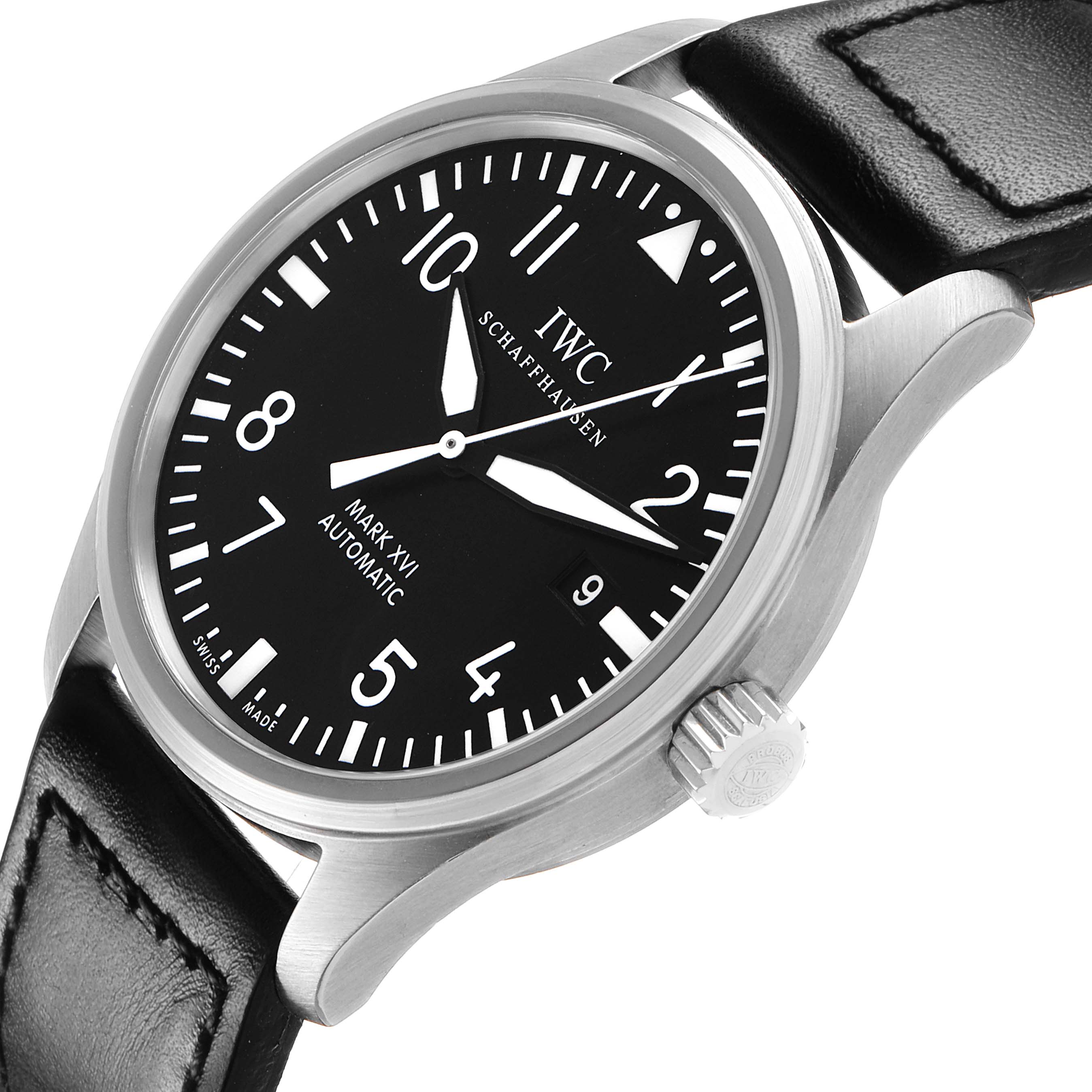 The IWC Pilot IW325501 Men's Stainless Steel Black Dial Mark XVI is shown at a three-quarter angle, highlighting the face, crown, and strap.