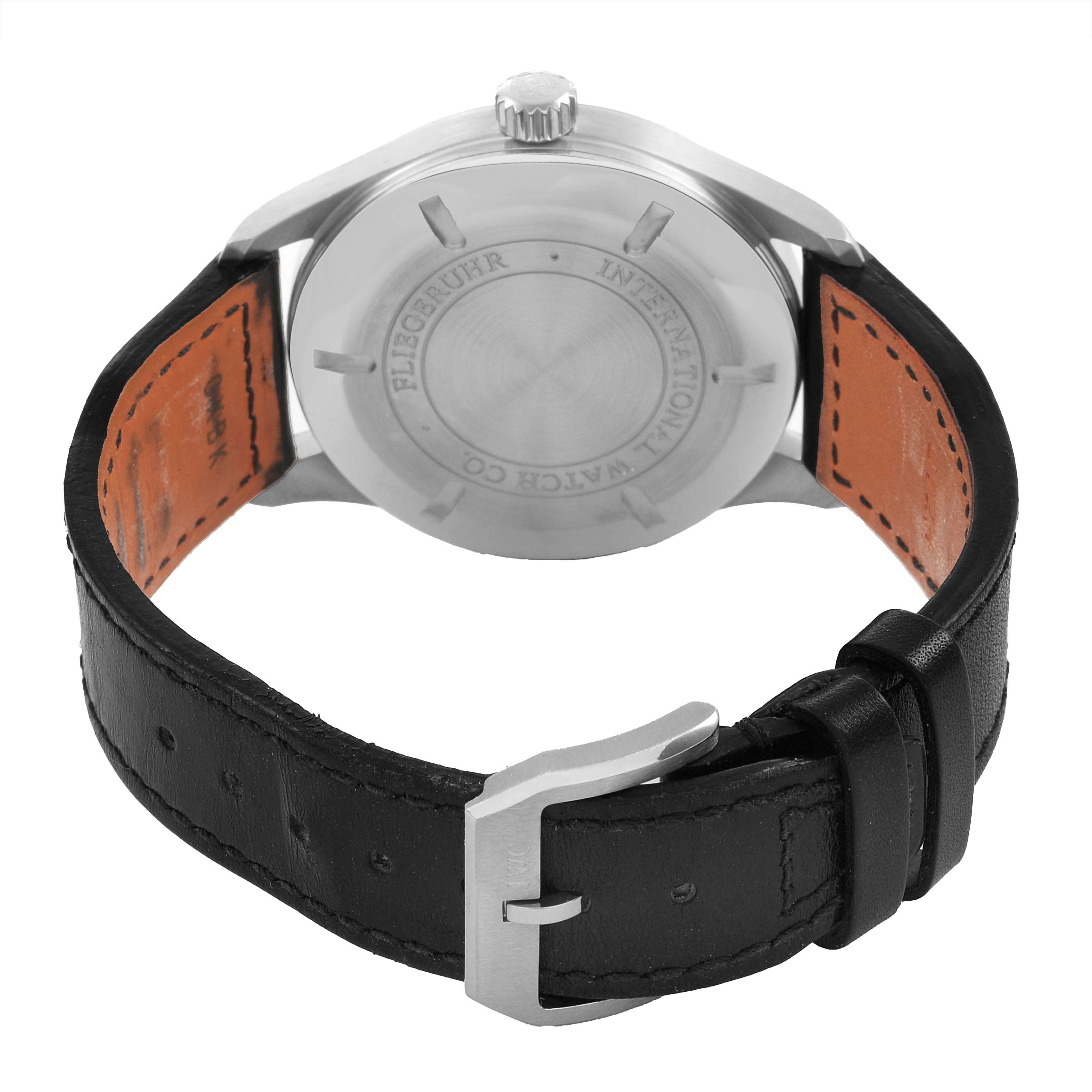 The image shows the back view of the IWC Pilot IW325501 Men's Stainless Steel Black Dial watch, highlighting the caseback and leather strap with buckle.