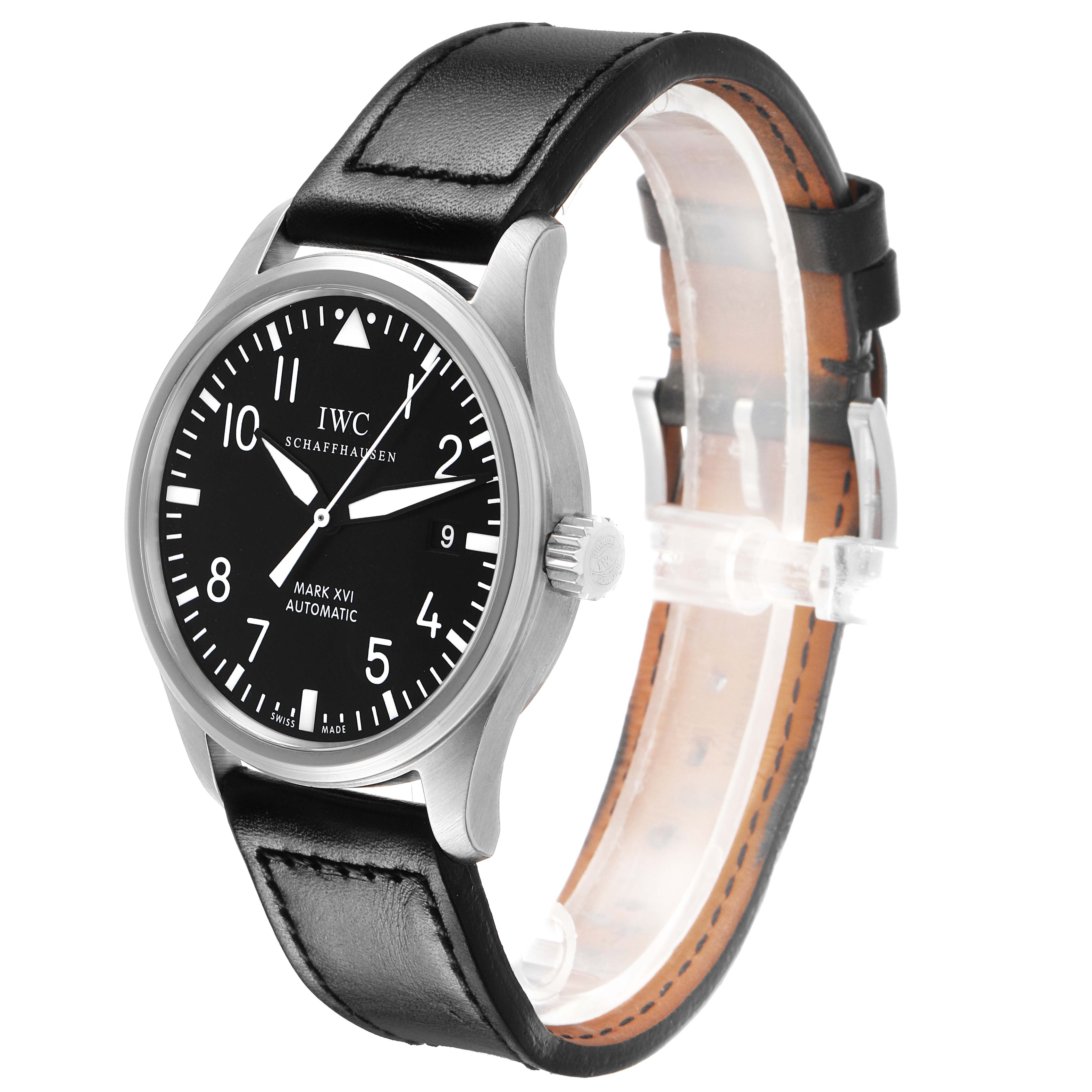 The image shows a side angle of the IWC Pilot IW325501 Men's Stainless Steel Black Dial watch, displaying the face, crown, and leather strap.