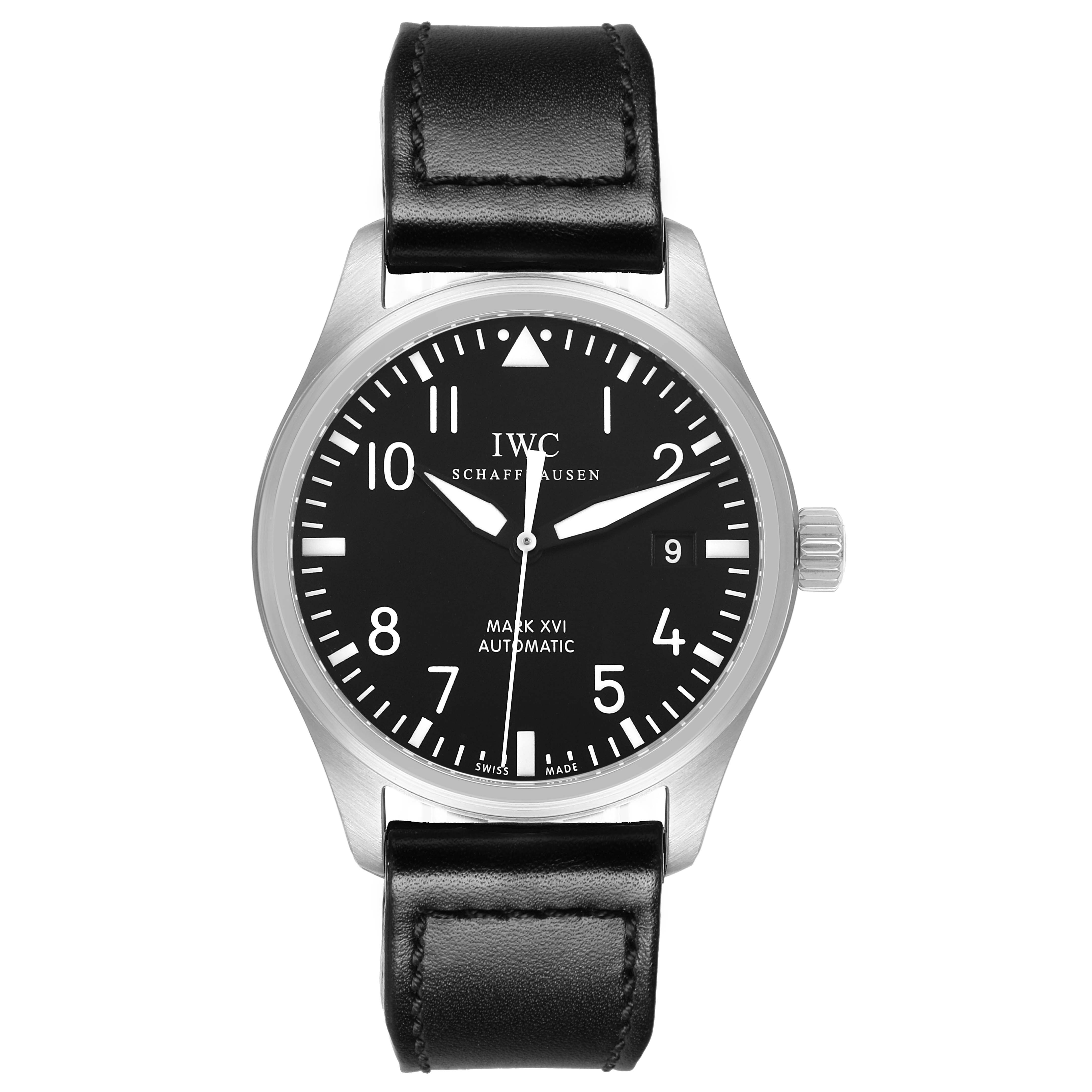 The IWC Pilot IW325501 Men's Stainless Steel Black Dial watch is shown from a front view, displaying the black dial, numerals, hands, and leather strap.