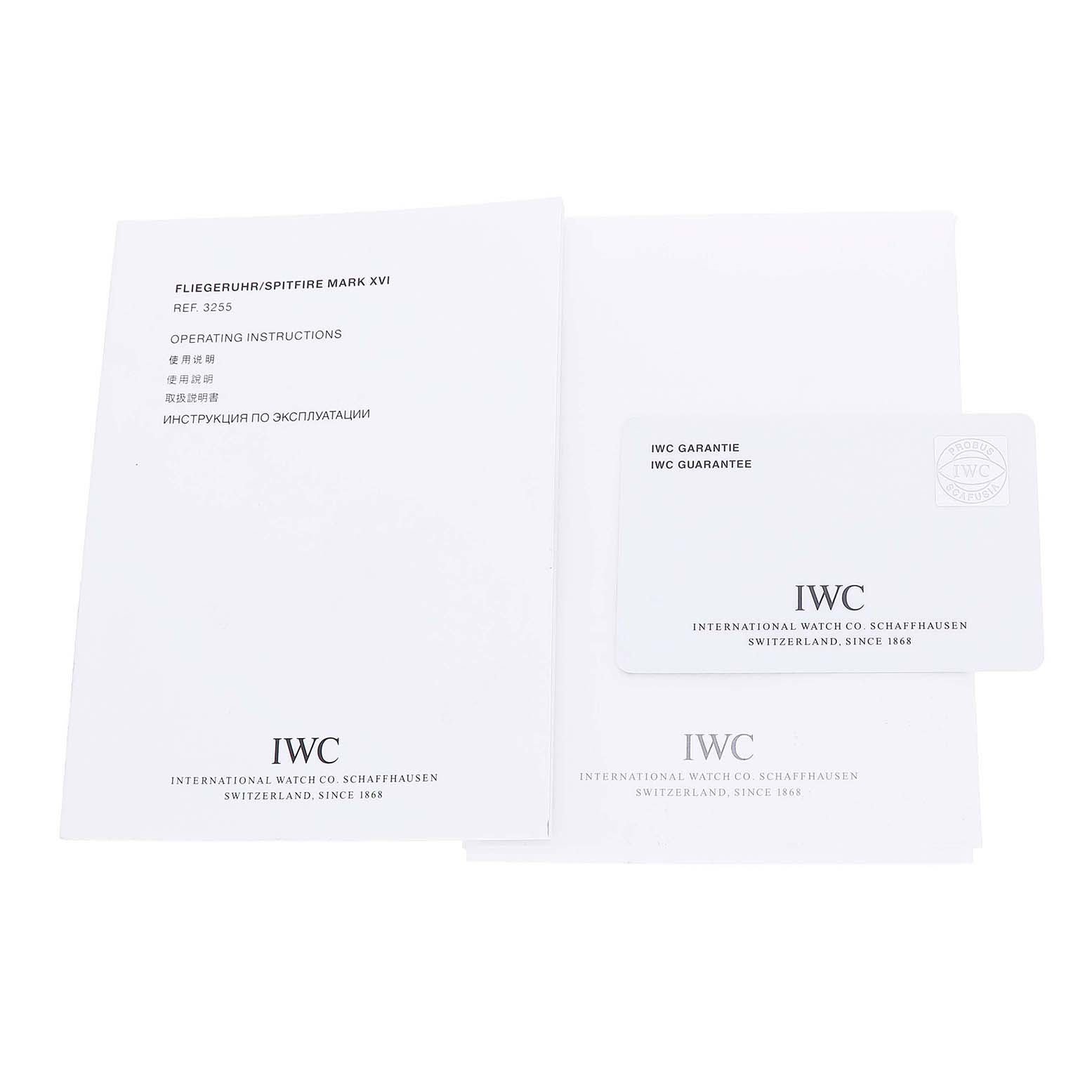 The image shows the instruction manual and guarantee card for the IWC Pilot IW325501 Men's Stainless Steel Black Dial Model.
