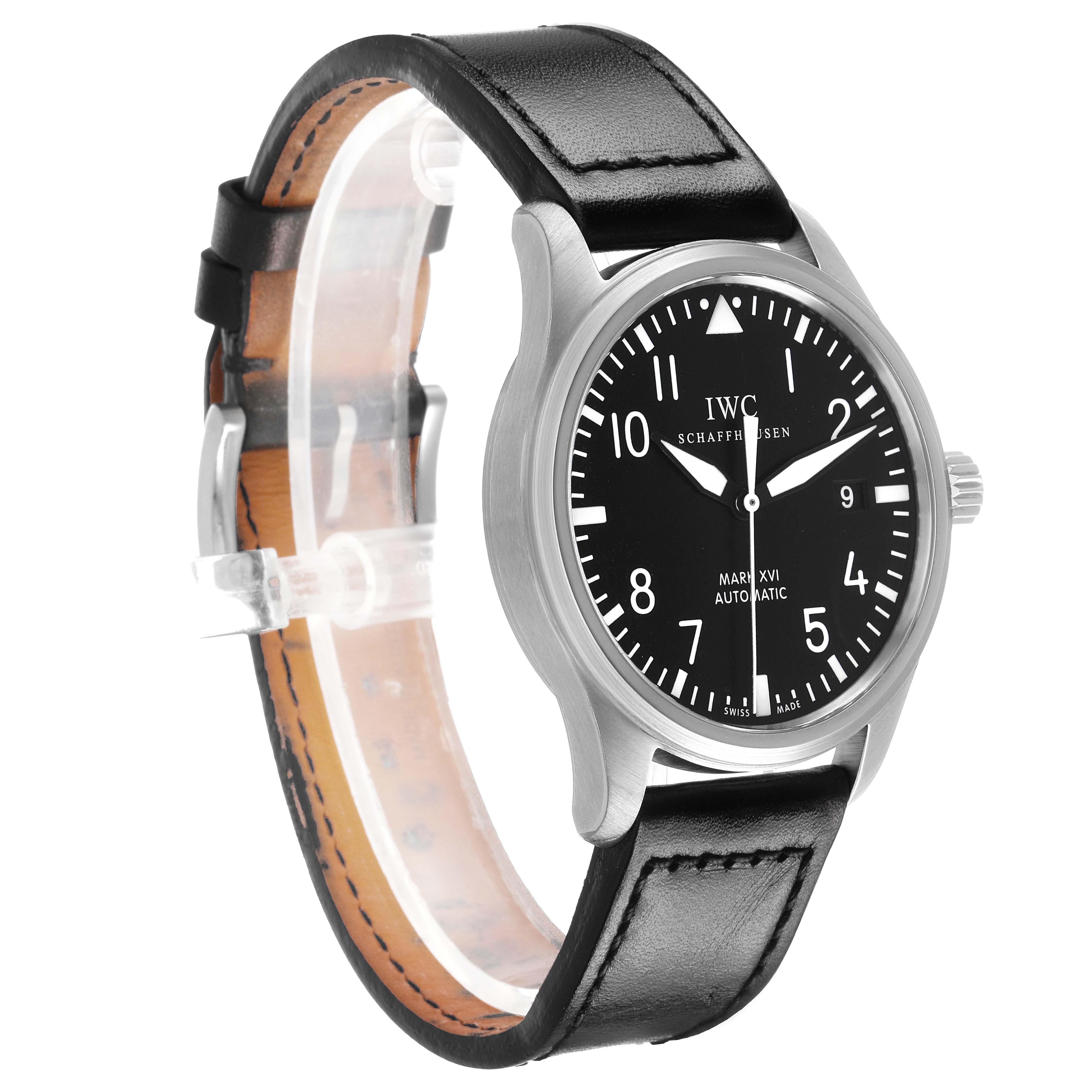 The IWC Pilot IW325501 Men's Stainless Steel Black Dial model is shown at a three-quarter angle, displaying its black dial, silver case, and leather strap.