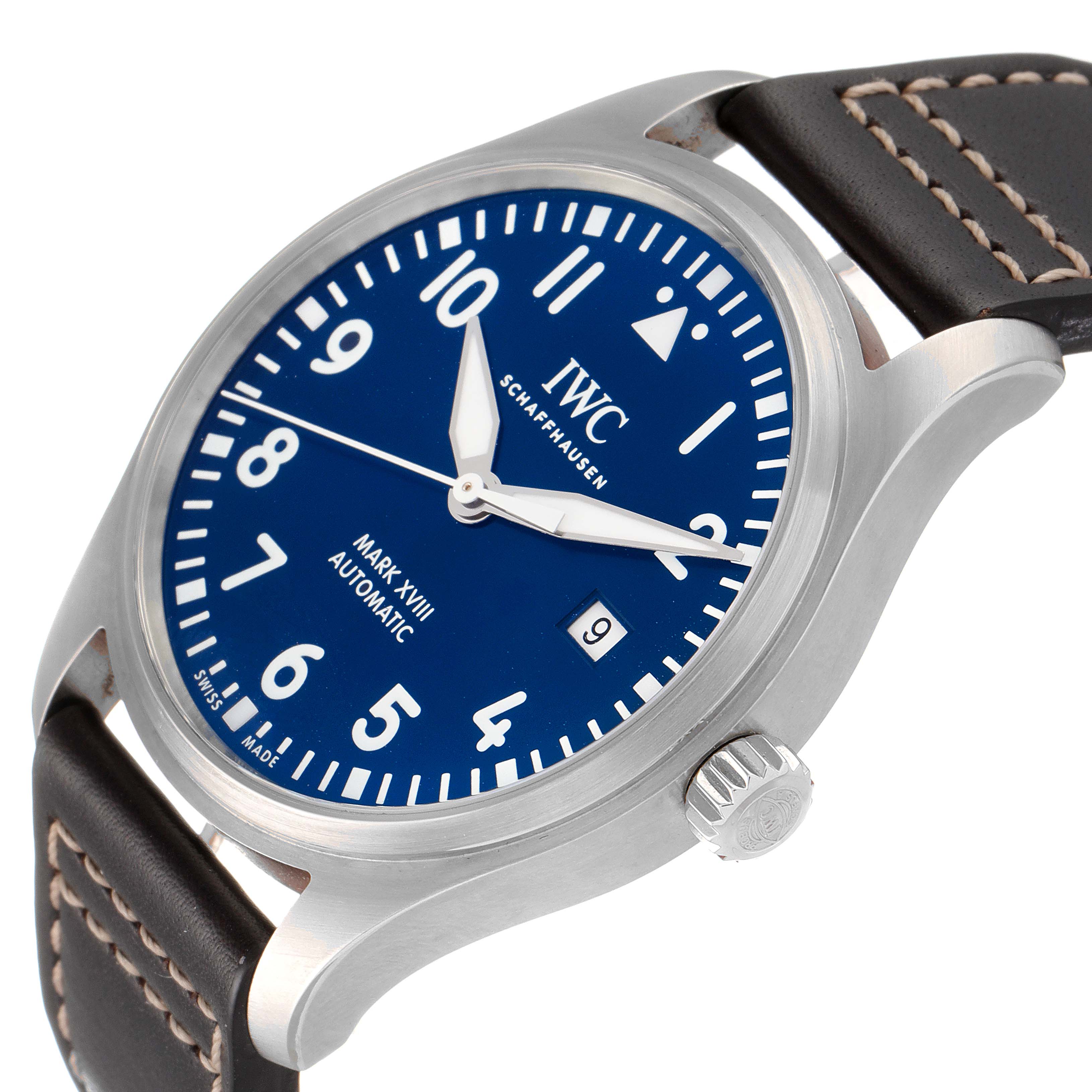 The IWC Pilot IW327010 Men's Stainless Steel Blue Dial IW327010 Men's Stainless Steel Blue Dial Mark XVIII Automatic watch is shown at a three-quarter angle, displaying its face, crown, and leather strap.