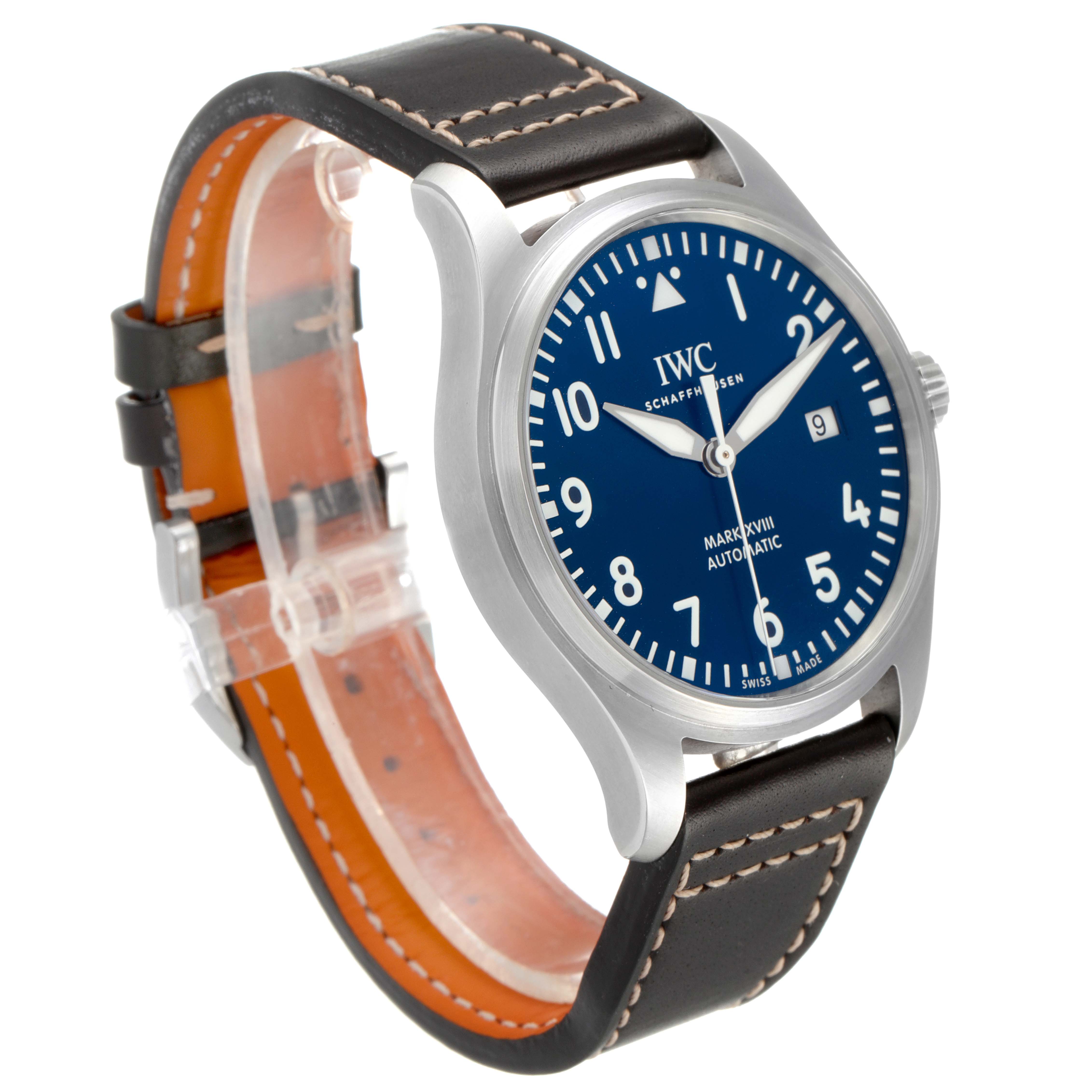 This image shows an angled view of the IWC Pilot IW327010 Men's Stainless Steel Blue Dial IW327010 Men's Stainless Steel Blue Dial Mark XVIII watch, showcasing the blue dial, brown leather strap, and stainless steel case.