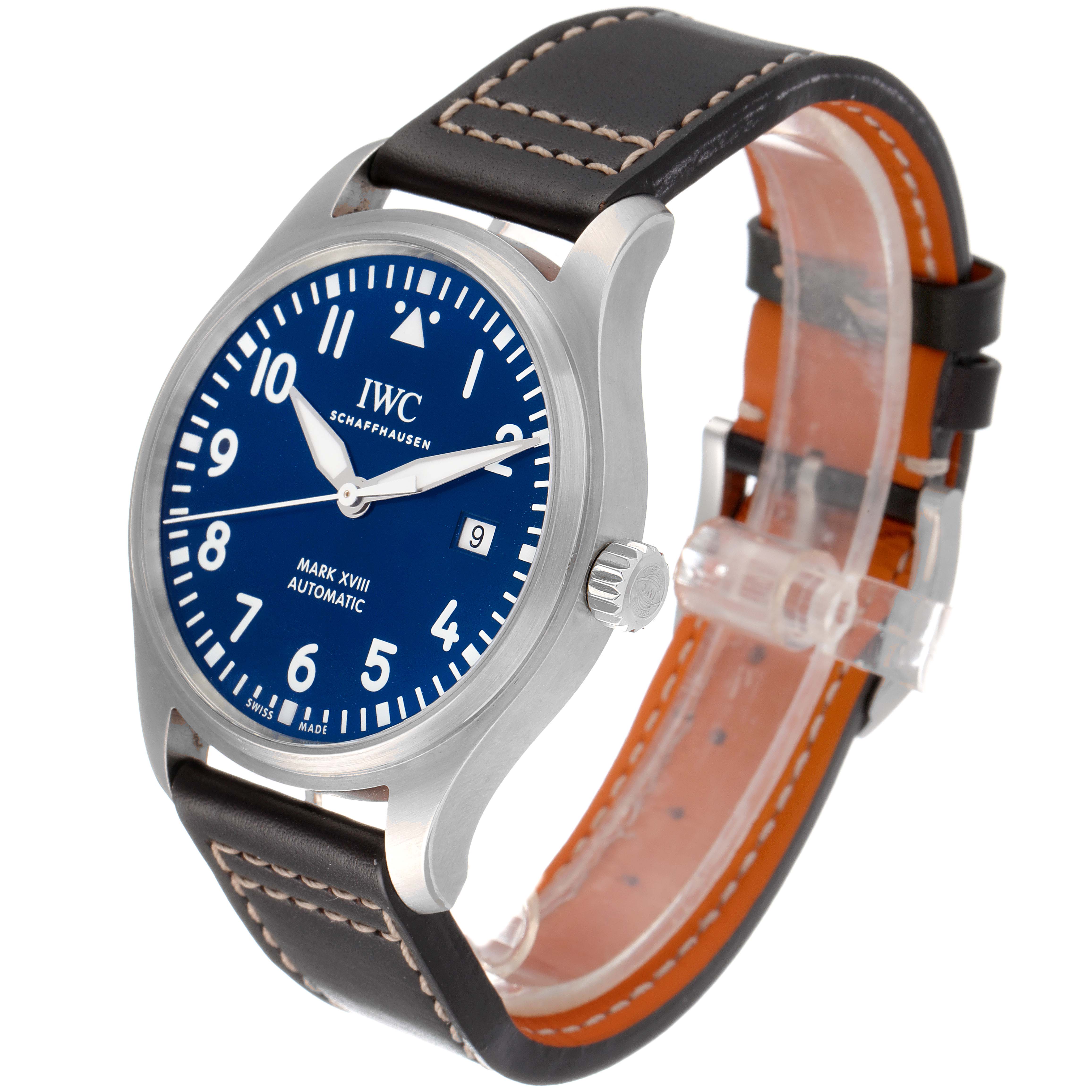 The image shows a front-side angle of an IWC Pilot IW327010 Men's Stainless Steel Blue Dial IW327010 Men's Stainless Steel Blue Dial Mark XVIII Automatic watch, highlighting its face, crown, and leather strap.