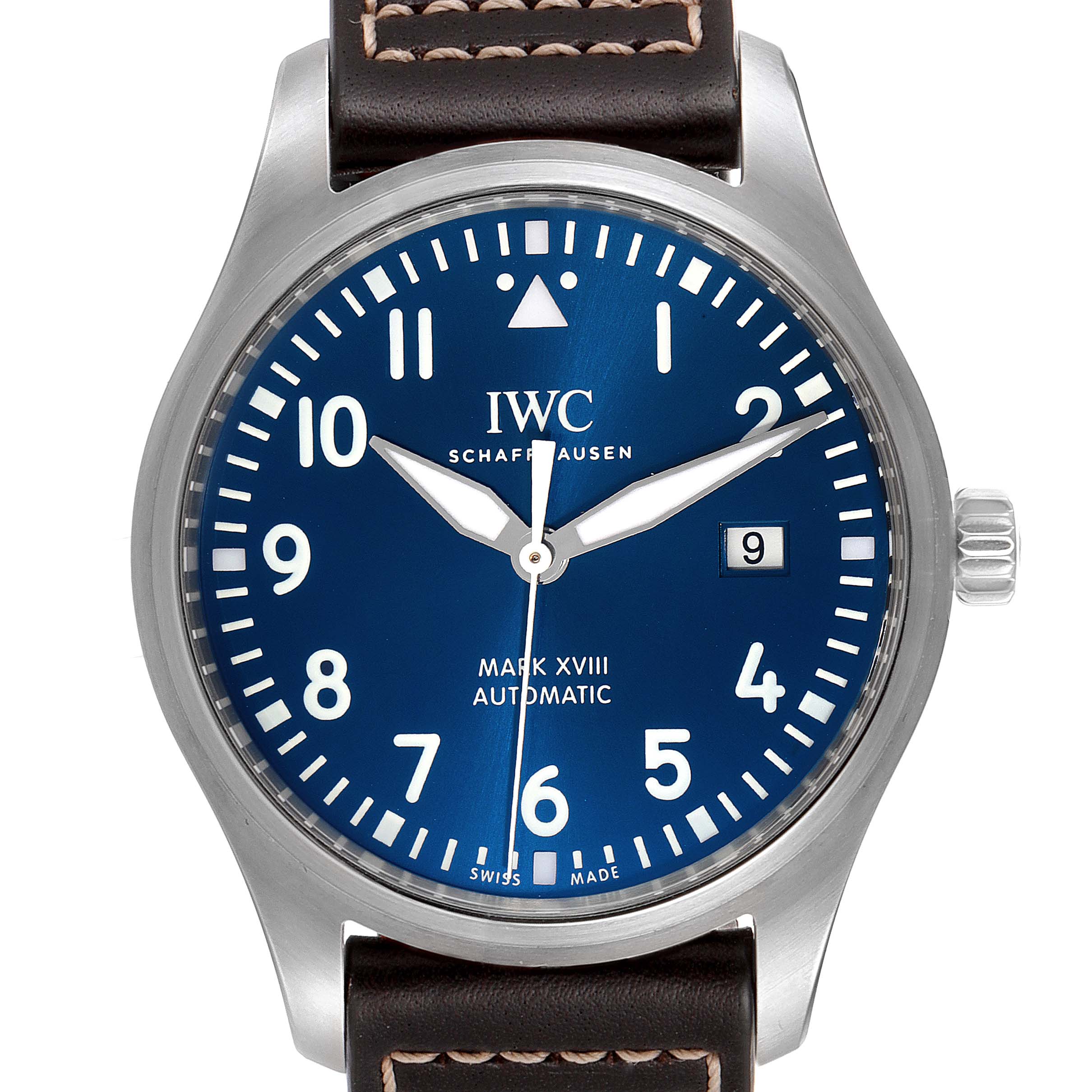 The IWC Pilot IW327010 Men's Stainless Steel Blue Dial IW327010 Men's Stainless Steel Blue Dial Mark XVIII watch is shown from a front angle, displaying the blue dial, numerals, hands, crown, and part of the leather strap.