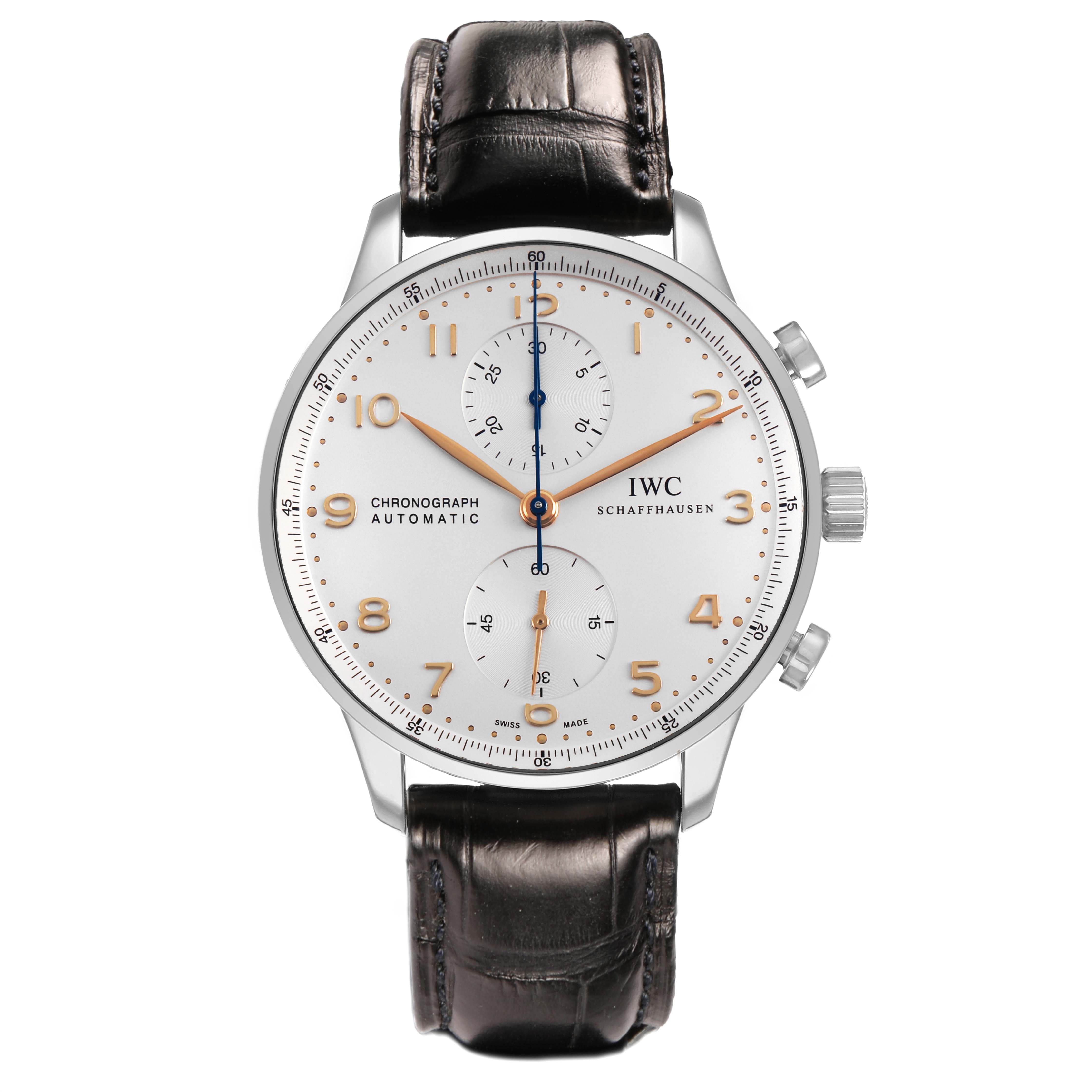 The IWC Portofino IW371604 Men's Stainless Steel Silver Dial watch is shown from a top view, displaying the face, chronograph dials, and leather strap.