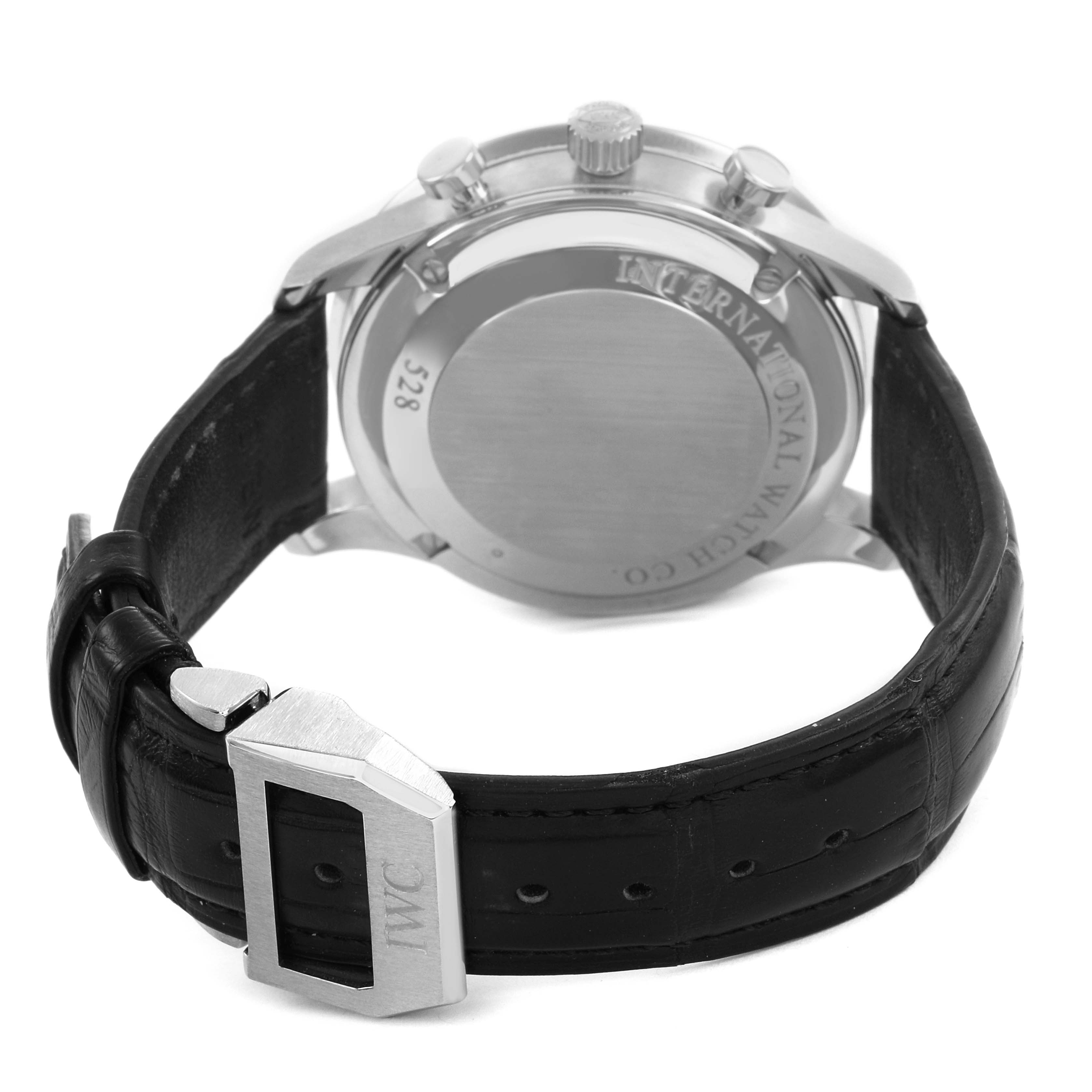 The image shows the back of the IWC Portofino IW371604 Men's Stainless Steel Silver Dial watch with the clasp and strap visible.