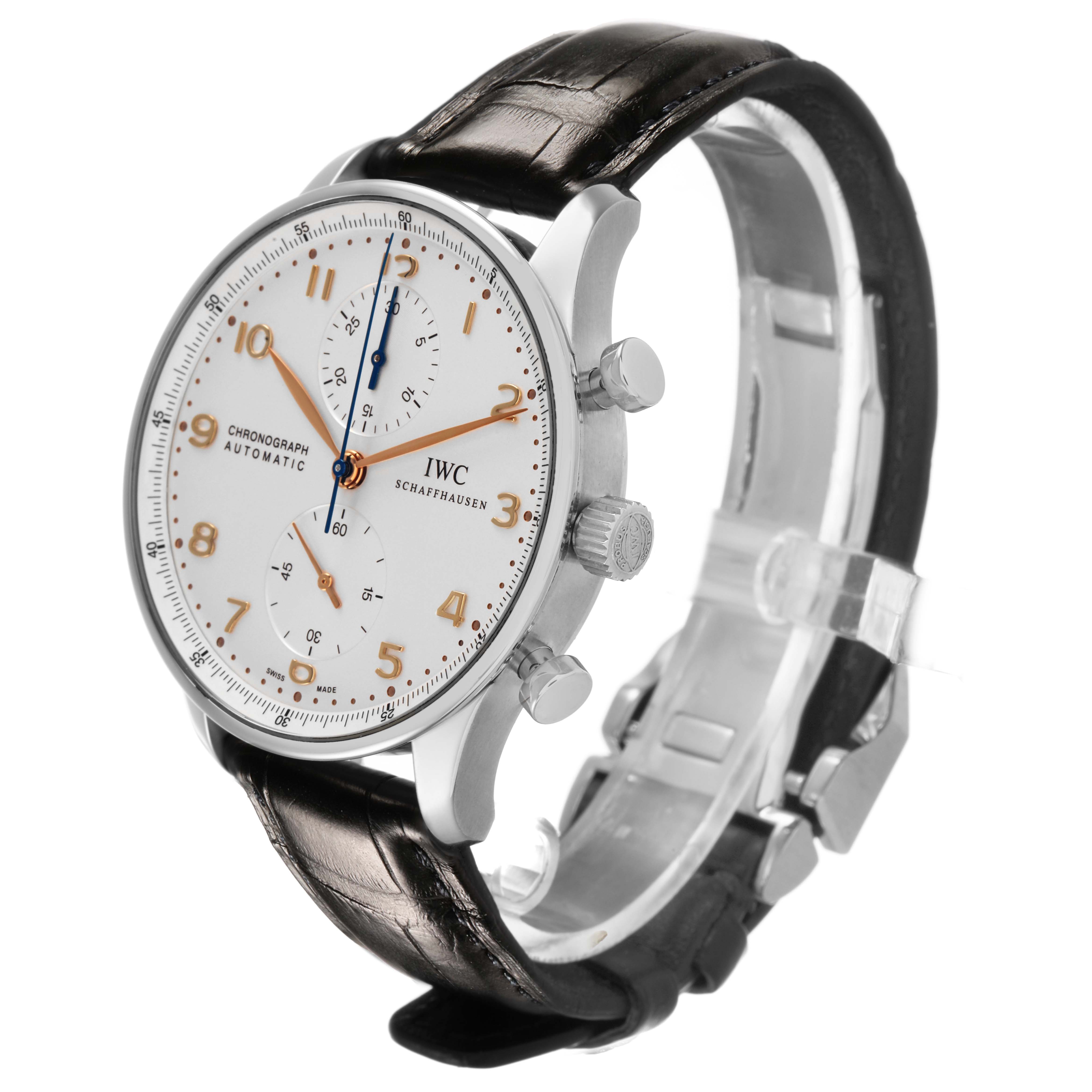 The IWC Portofino IW371604 Men's Stainless Steel Silver Dial watch is shown at a three-quarter angle, highlighting the face, crown, pushers, and leather strap.