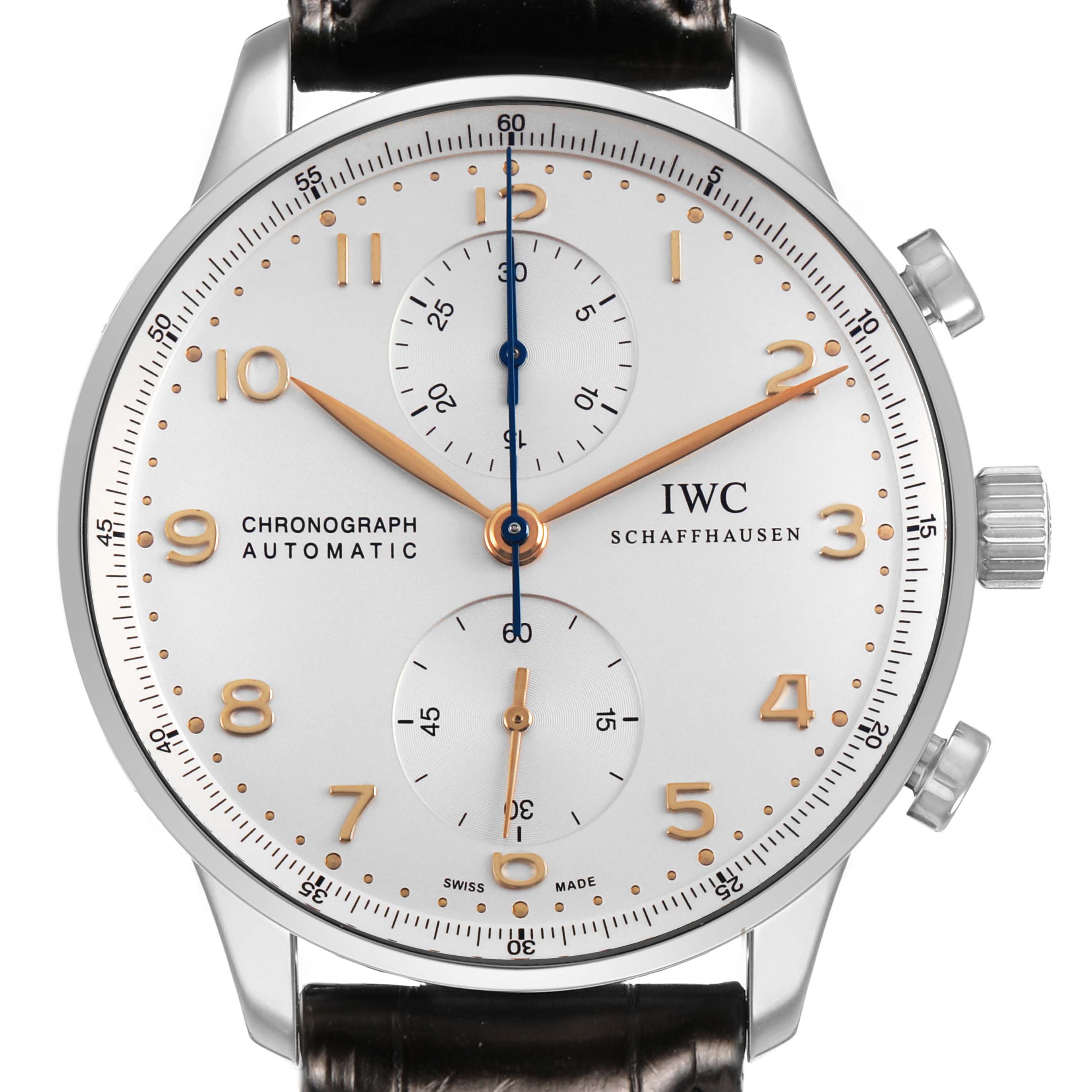 The IWC Portofino IW371604 Men's Stainless Steel Silver Dial watch is shown from a top-down angle, displaying its face, hands, subdials, and side crown.