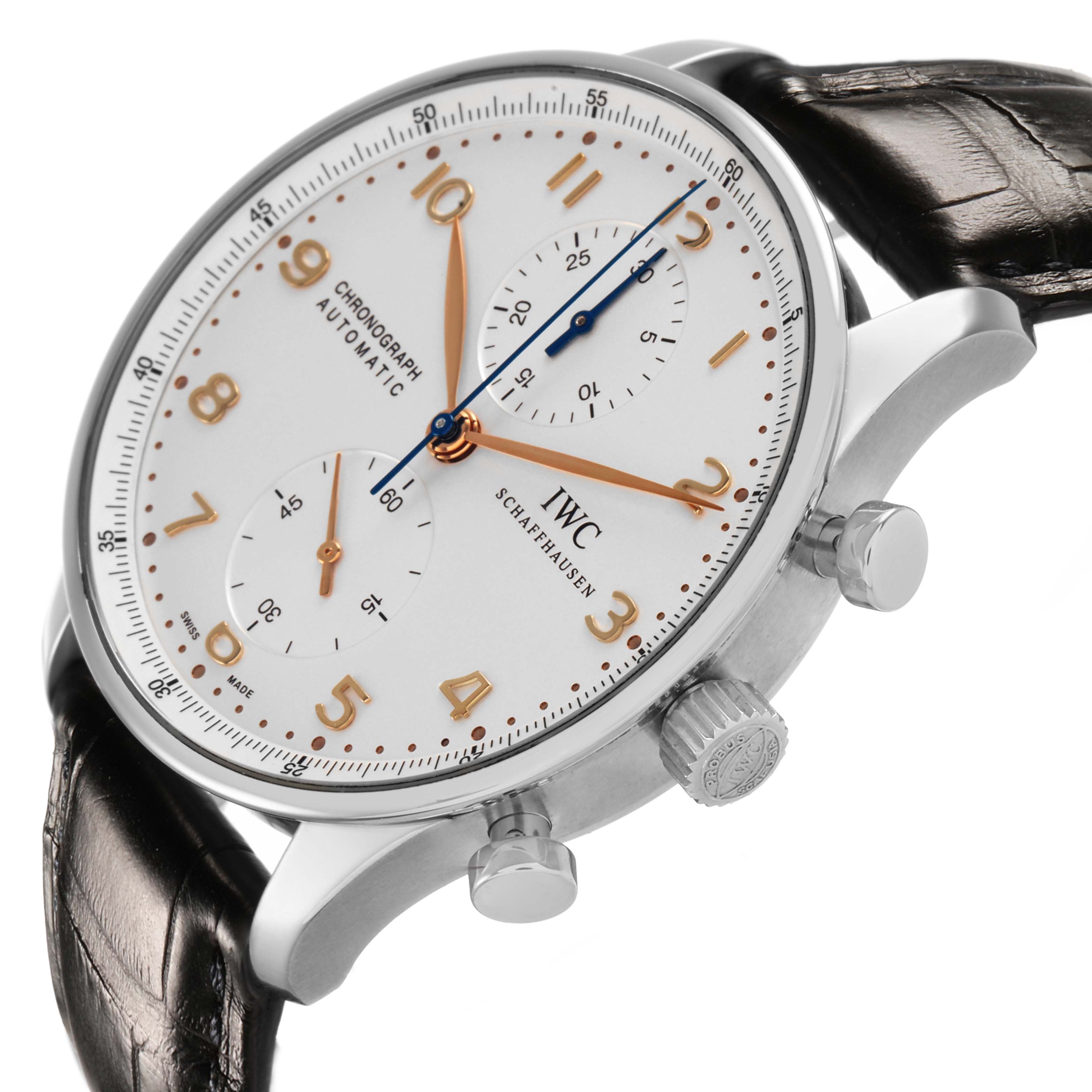 The IWC Portofino IW371604 Men's Stainless Steel Silver Dial watch is shown from a diagonal side angle, highlighting the dial, crown, and chronograph pushers.