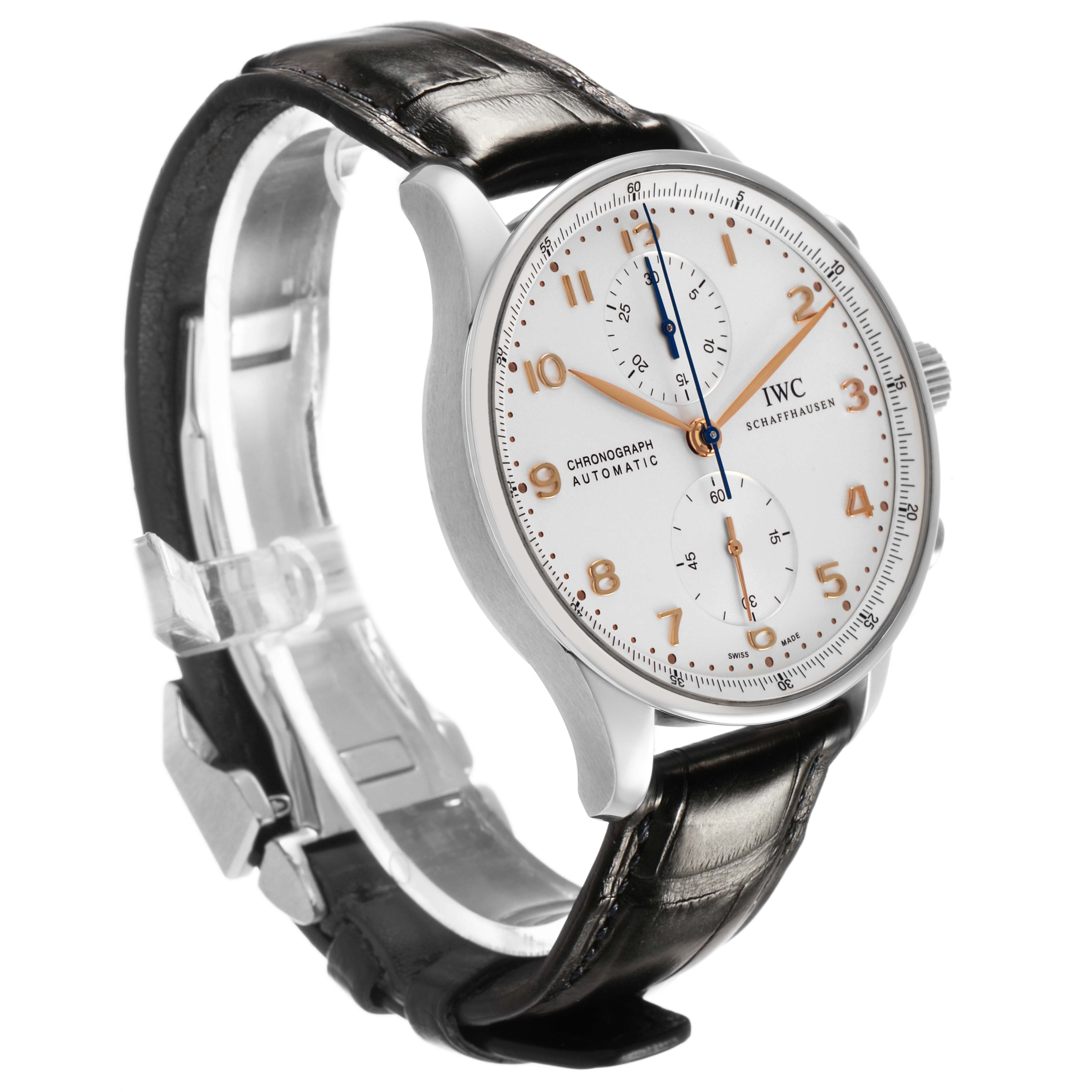 The IWC Portofino IW371604 Men's Stainless Steel Silver Dial watch is shown at a three-quarter angle, highlighting its face, leather strap, and side profile.