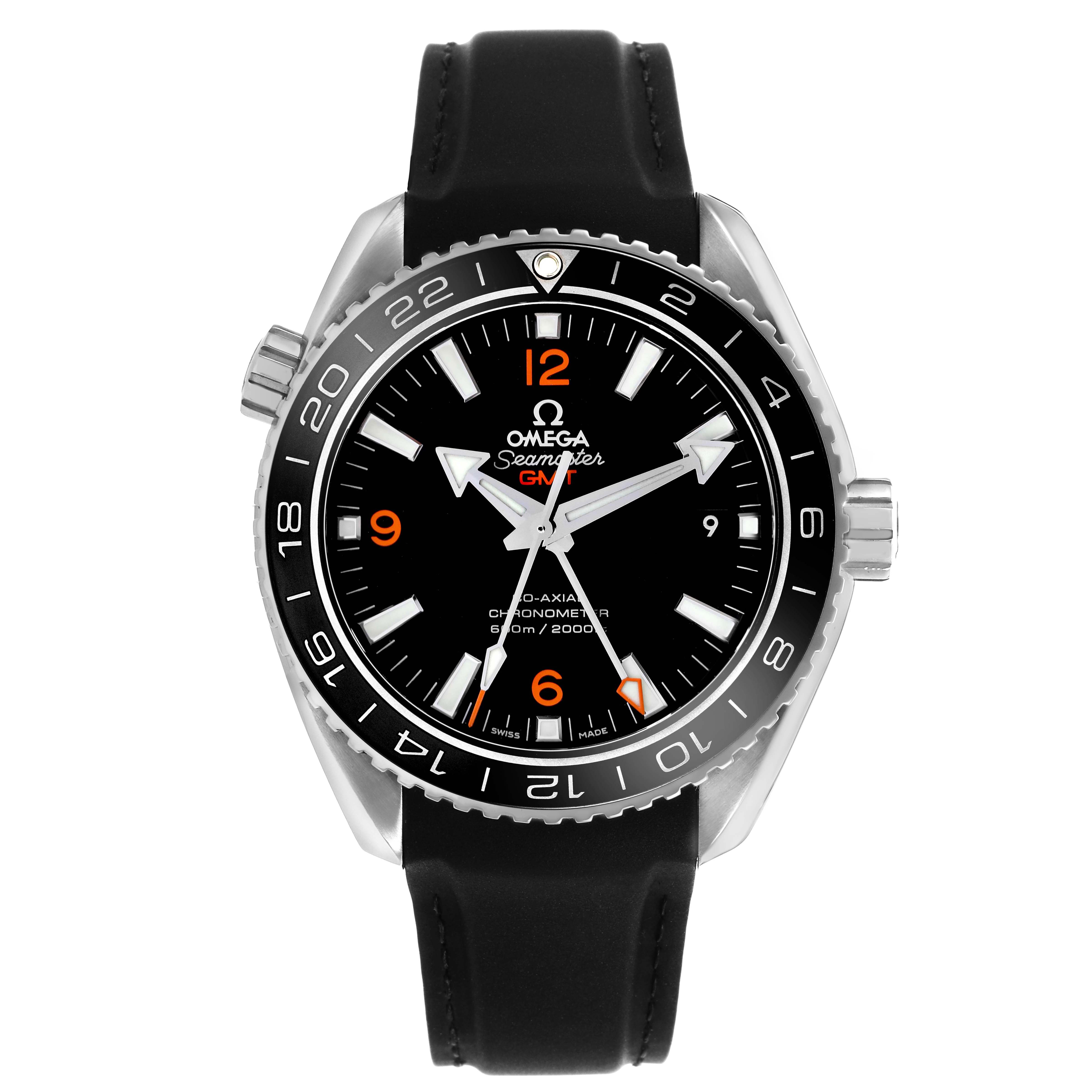 The Omega Planet Ocean 232.32.44.22.01.001 Mens Stainless Steel Black Dial watch is shown from the front, displaying the dial, bezel, and strap.