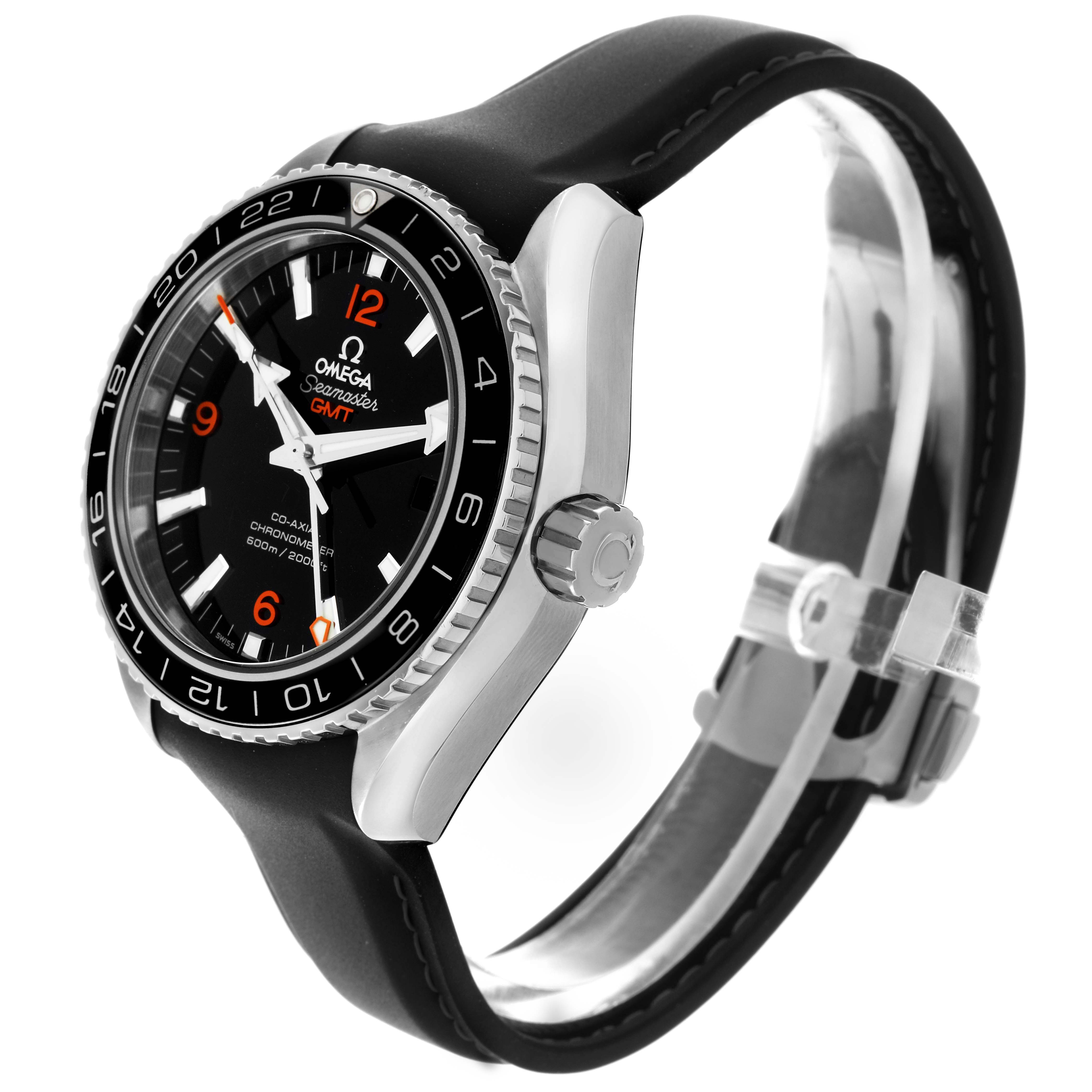 The Omega Planet Ocean 232.32.44.22.01.001 Mens Stainless Steel Black Dial watch displays a side and front angle, showcasing the bezel, crown, and strap.