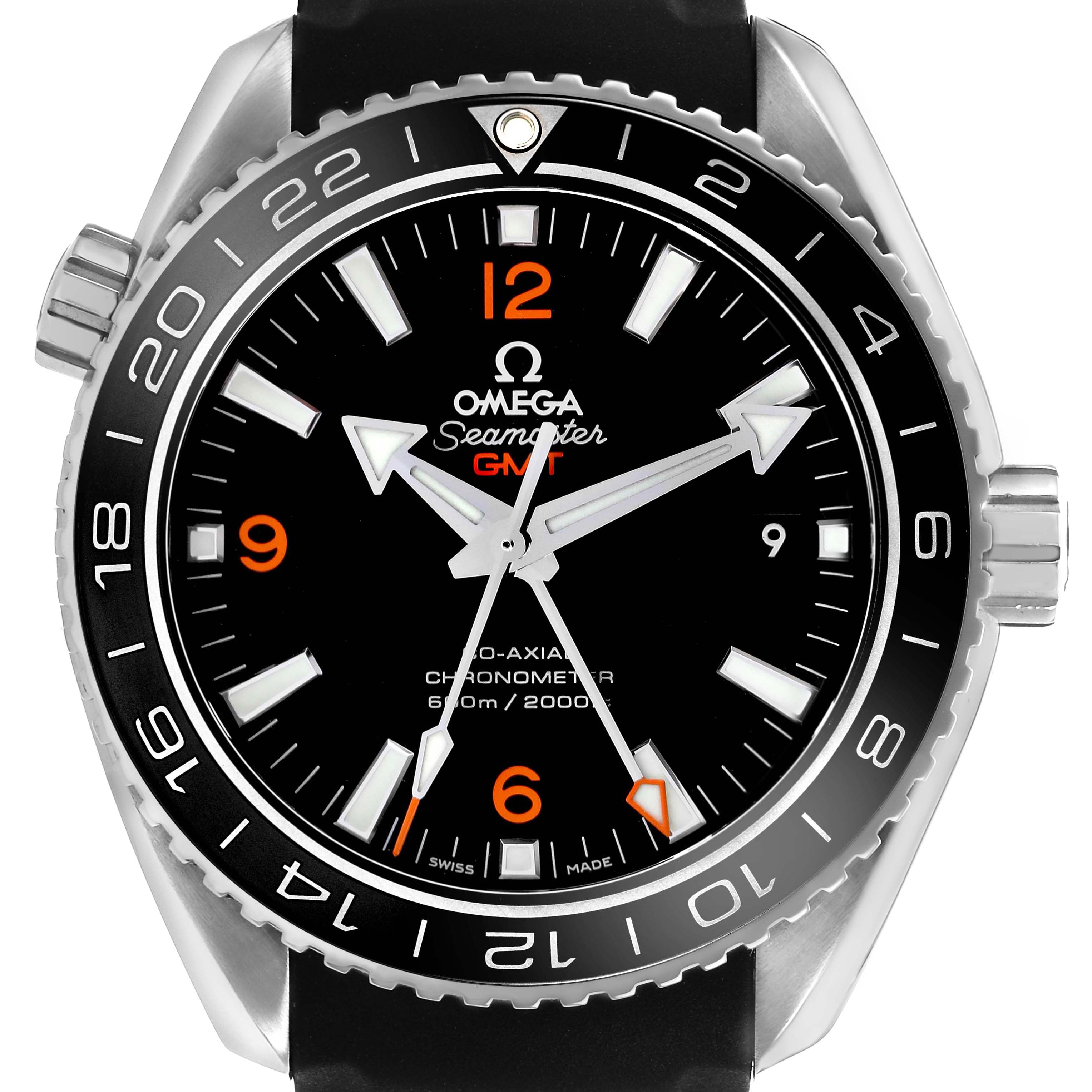 The Omega Planet Ocean 232.32.44.22.01.001 Mens Stainless Steel Black Dial watch is shown from the front, displaying the dial, bezel, hands, and crown.