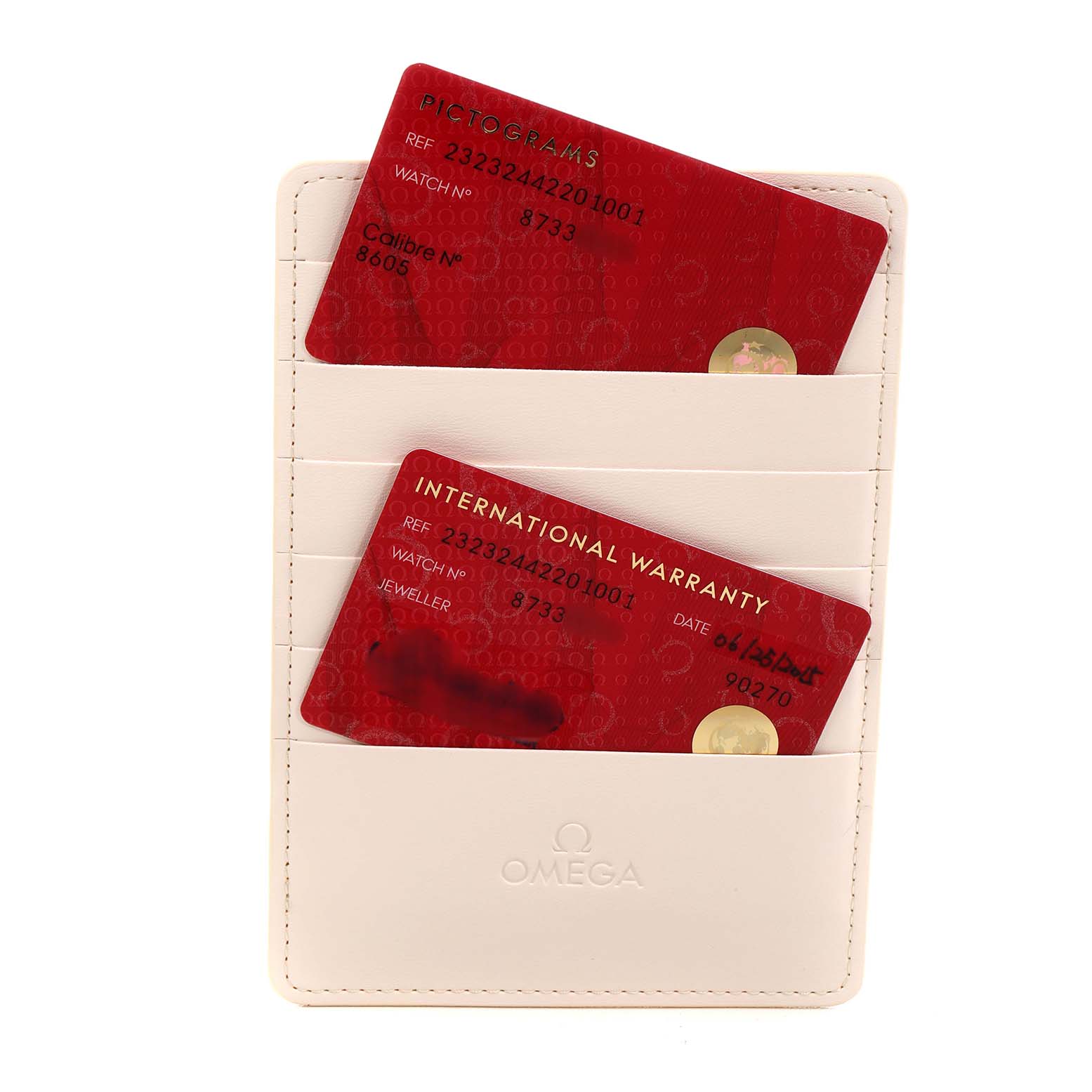 The image shows the warranty and pictogram cards for the Omega Planet Ocean 232.32.44.22.01.001 Mens Stainless Steel Black Dial model in a card holder.