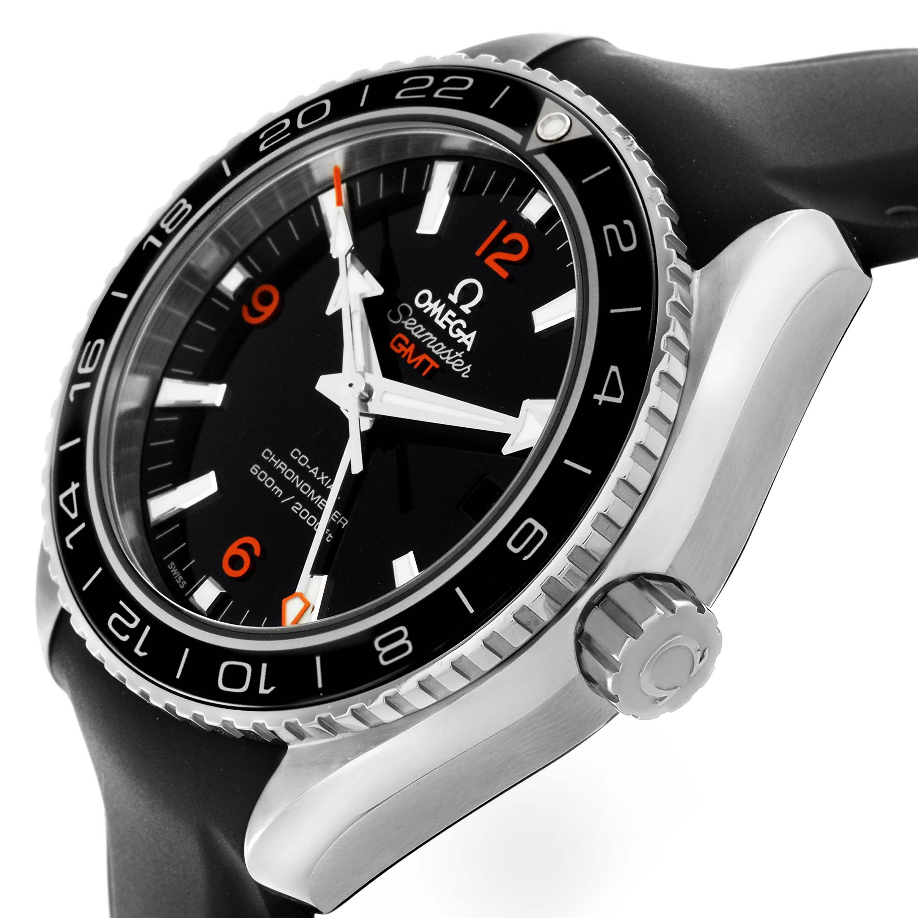 The Omega Planet Ocean 232.32.44.22.01.001 Mens Stainless Steel Black Dial watch is shown from a tilted side angle, highlighting the dial, bezel, crown, and strap.