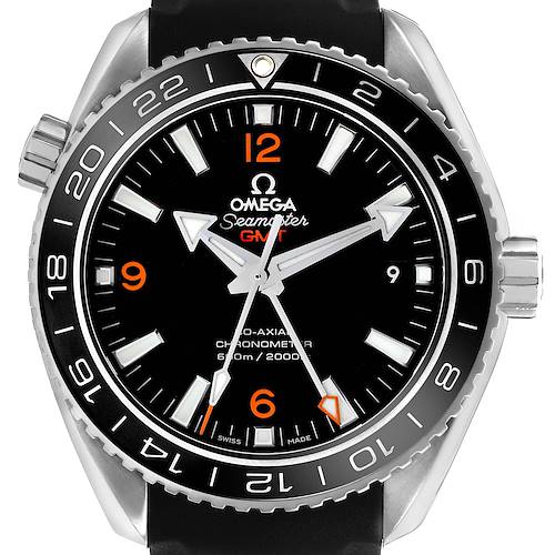 The Omega Planet Ocean 232.32.44.22.01.001 Mens Stainless Steel Black Dial watch is shown from a straight-on angle, displaying the face, bezel, and crown.