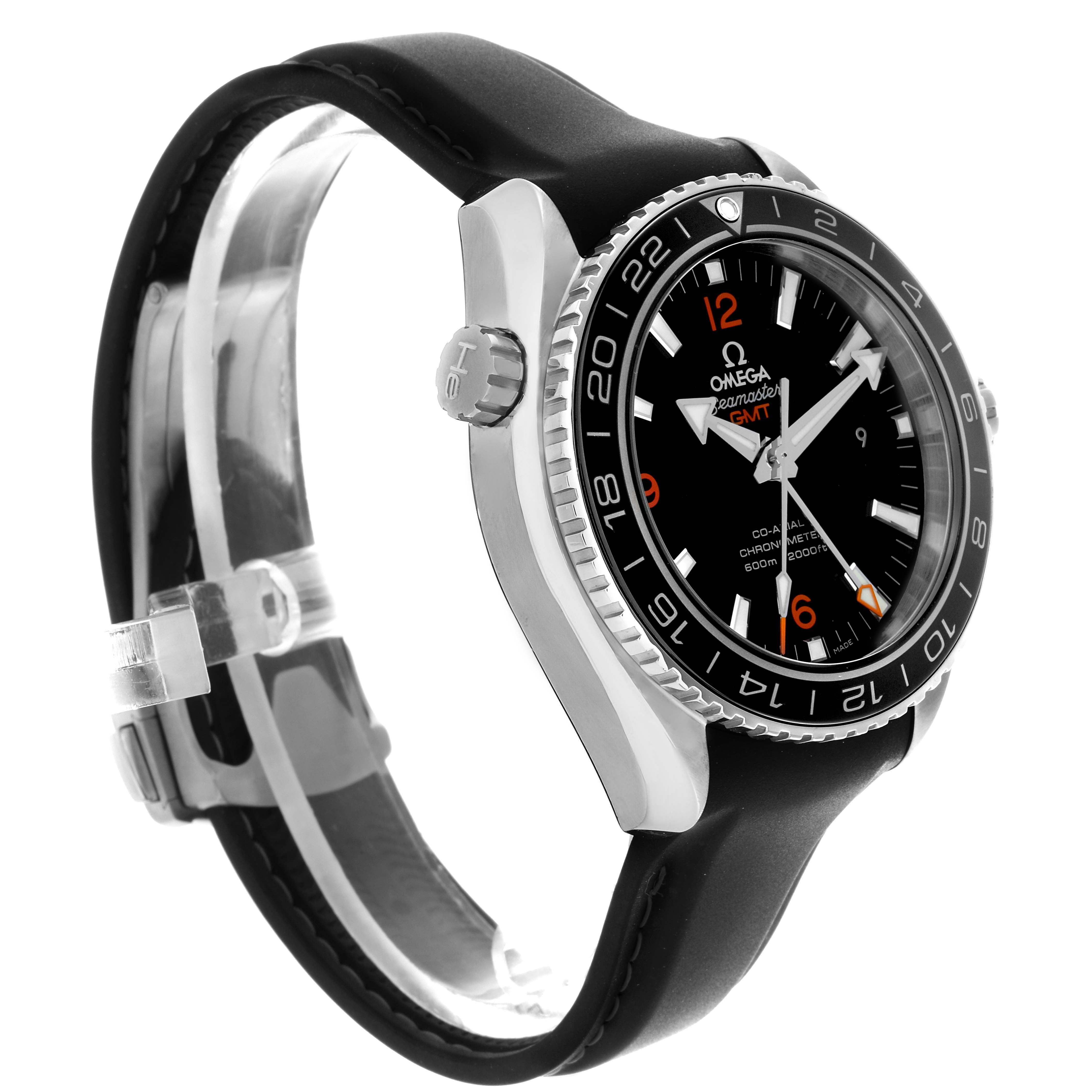 The Omega Planet Ocean 232.32.44.22.01.001 Mens Stainless Steel Black Dial watch is shown from a side angle, highlighting its bezel, crown, and strap.