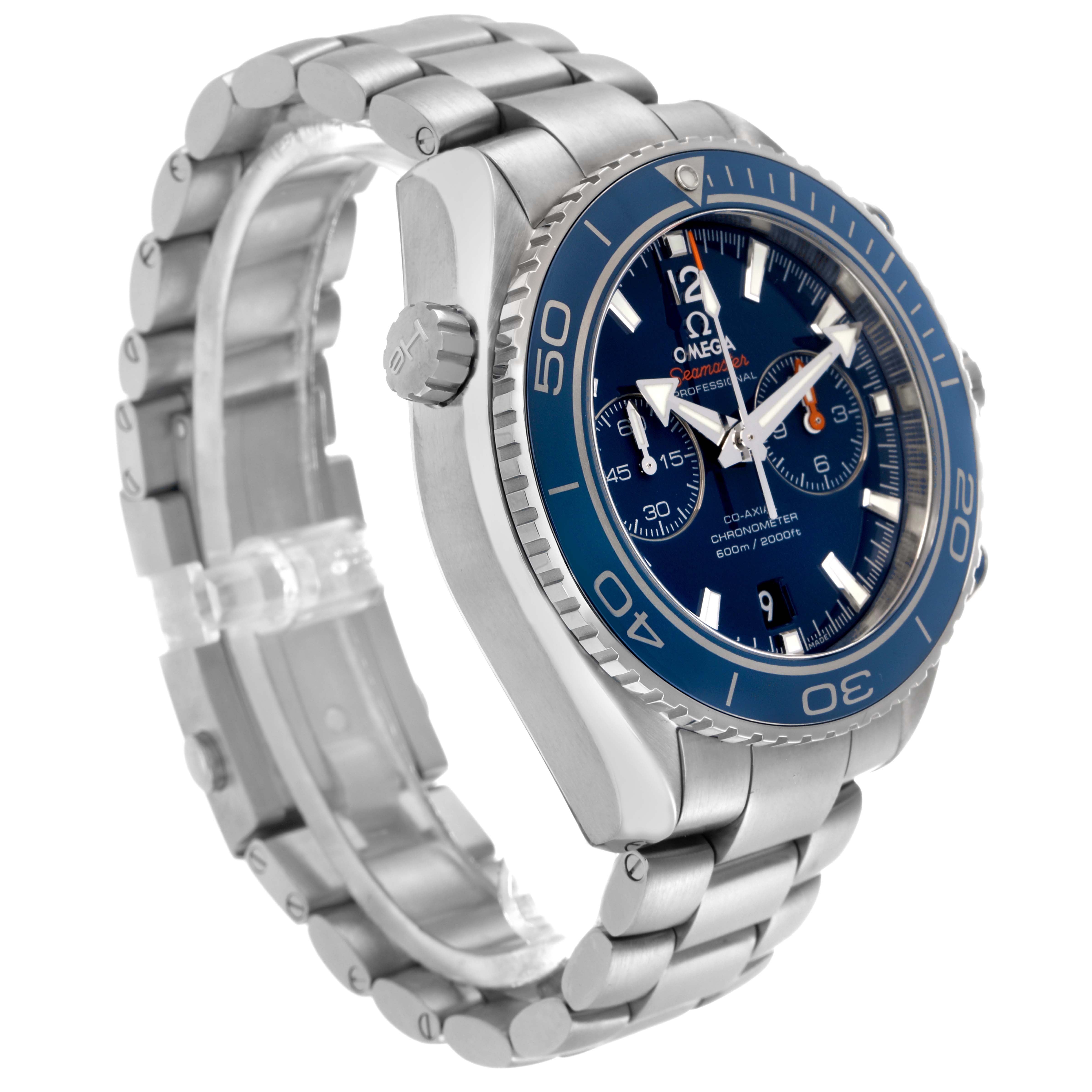The Omega Planet Ocean 232.90.46.51.03.001 Men
s Stainless Steel Blue Dial 232.90.46.51.03.001 Men
s Stainless Steel Blue Dial watch is shown from a three-quarter angle, displaying the face, bezel, crown, and bracelet.