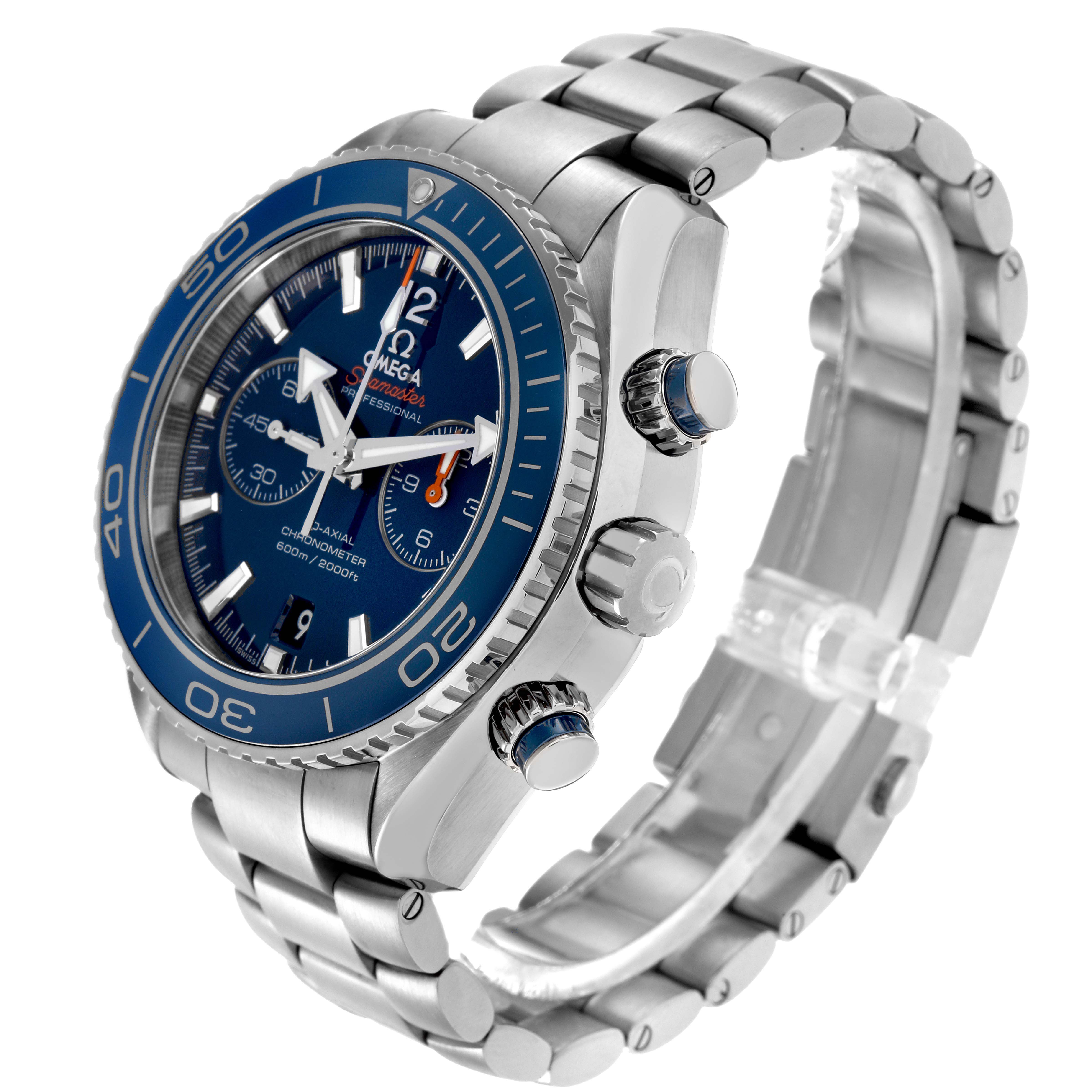 The Omega Planet Ocean 232.90.46.51.03.001 Men
s Stainless Steel Blue Dial 232.90.46.51.03.001 Men
s Stainless Steel Blue Dial watch is shown at a three-quarter angle, displaying the face, bezel, and metal bracelet.