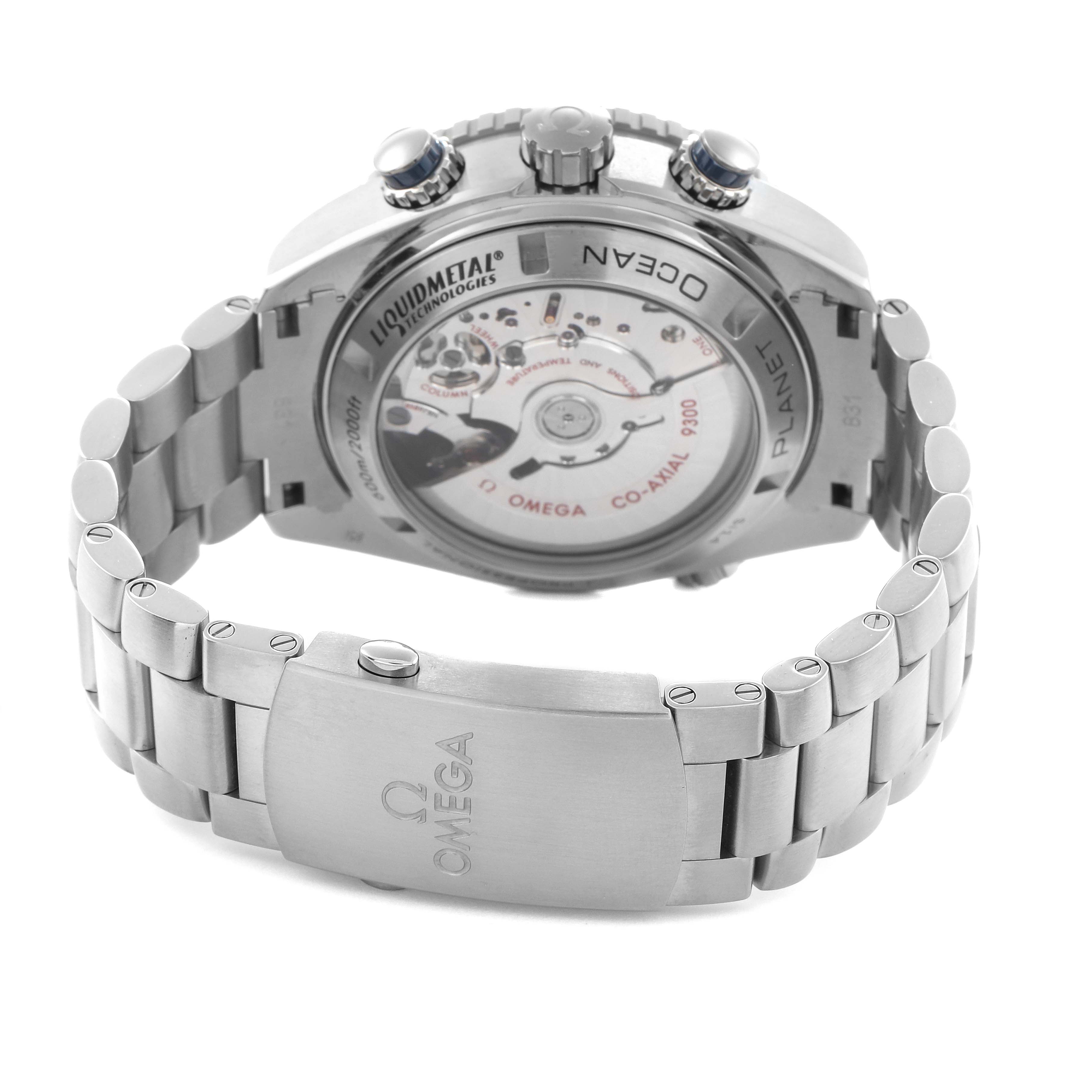 The Omega Planet Ocean 232.90.46.51.03.001 Men
s Stainless Steel Blue Dial 232.90.46.51.03.001 Men
s Stainless Steel Blue Dial is shown from the back, displaying the movement through the transparent case back and the clasp on the bracelet.