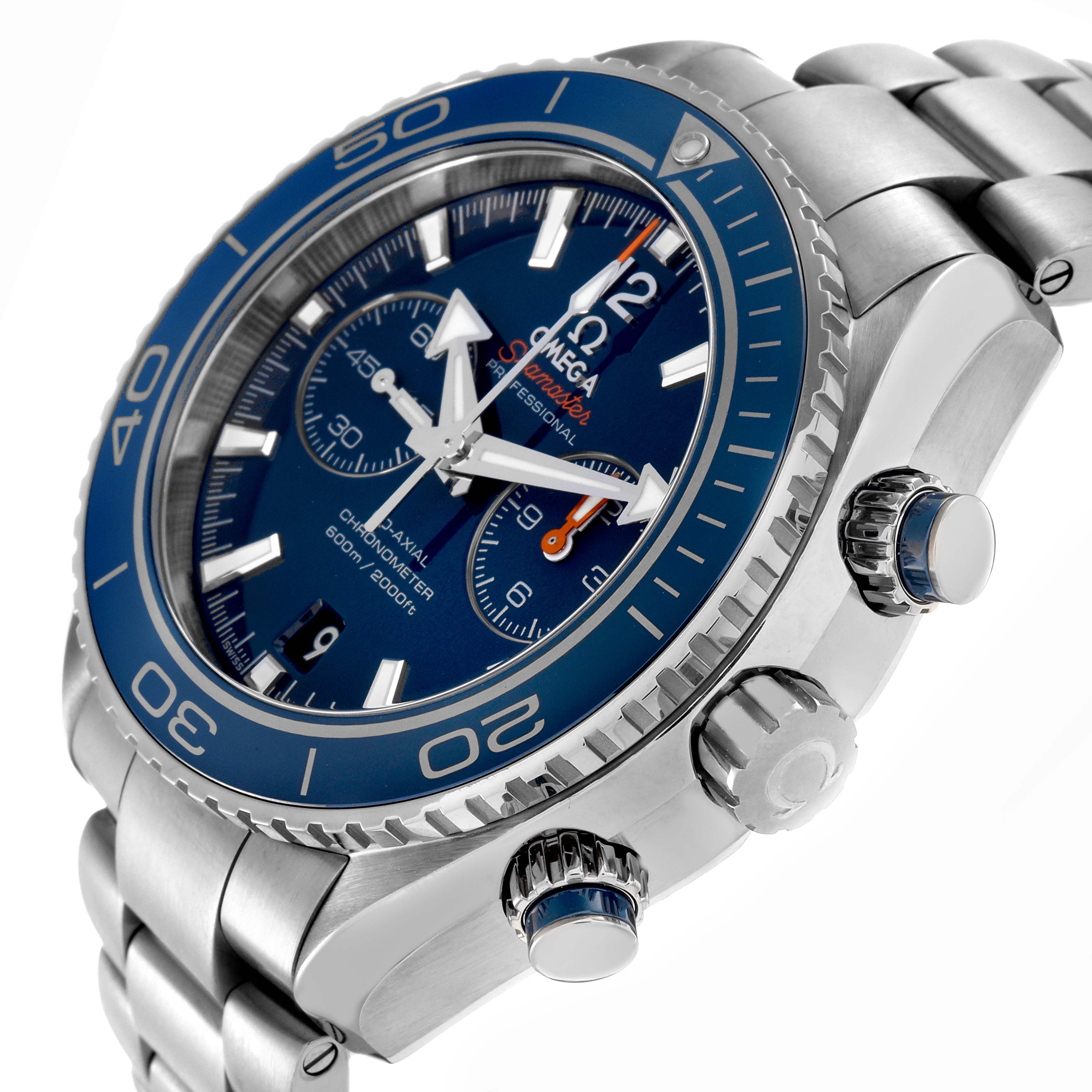 The Omega Planet Ocean 232.90.46.51.03.001 Men
s Stainless Steel Blue Dial 232.90.46.51.03.001 Men
s Stainless Steel Blue Dial watch is shown at an angled side view, highlighting the blue bezel, crown, pushers, and bracelet.