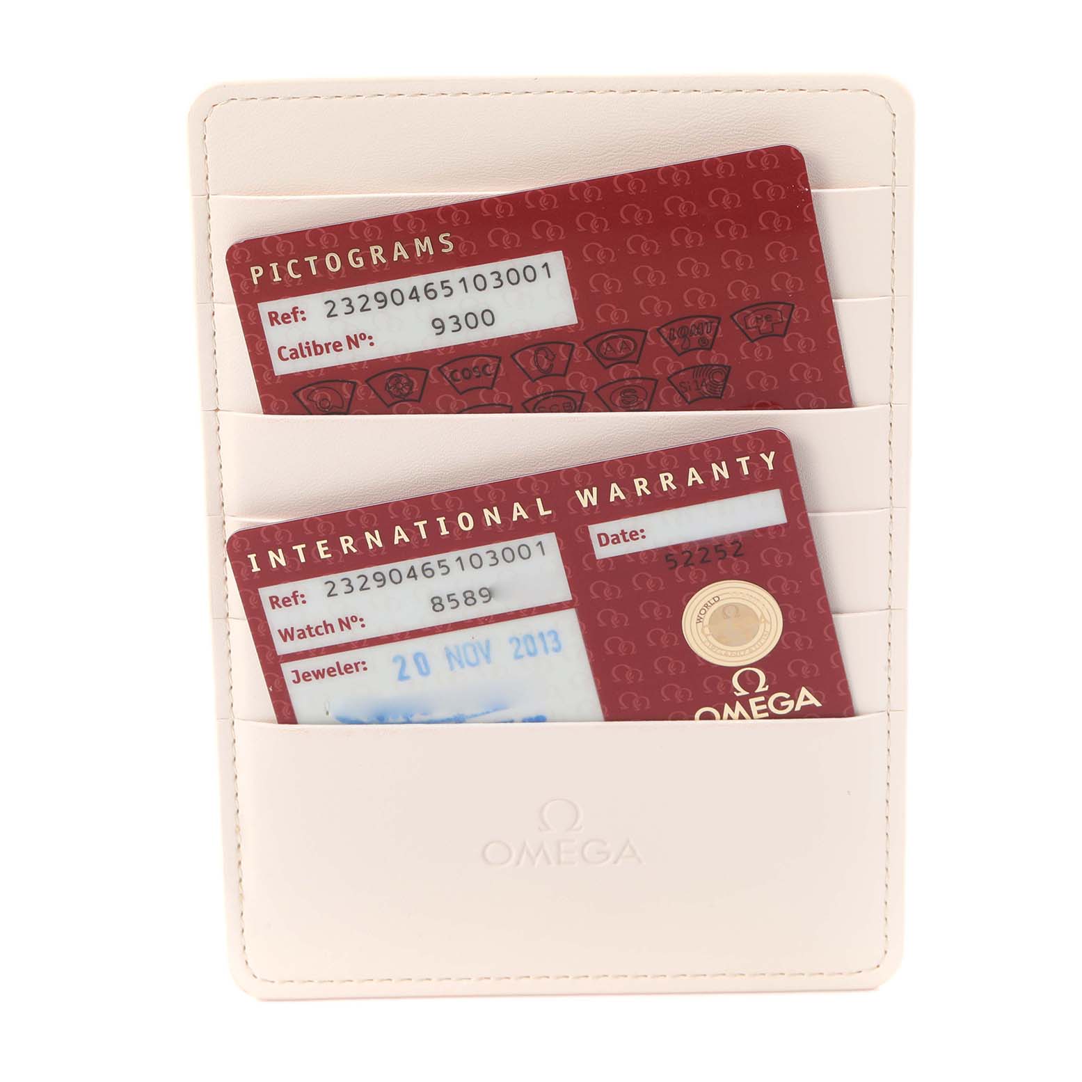 The image shows Omega Planet Ocean 232.90.46.51.03.001 Men
s Stainless Steel Blue Dial 232.90.46.51.03.001 Men
s Stainless Steel Blue Dial accessories, including pictogram and warranty cards in a white cardholder.