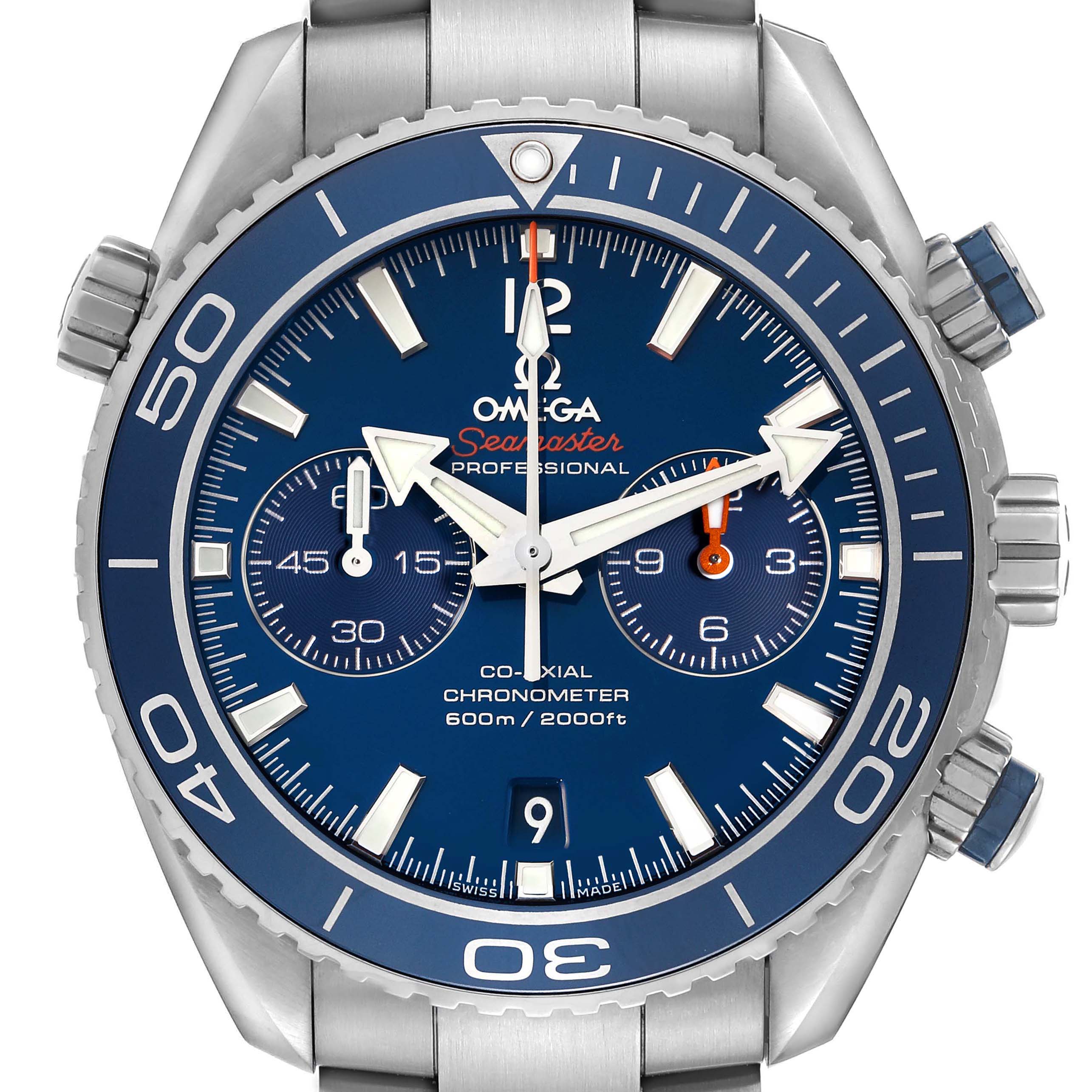 The Omega Planet Ocean 232.90.46.51.03.001 Men
s Stainless Steel Blue Dial 232.90.46.51.03.001 Men
s Stainless Steel Blue Dial watch is shown from the front, displaying the dial, bezel, chronograph subdials, and crown.
