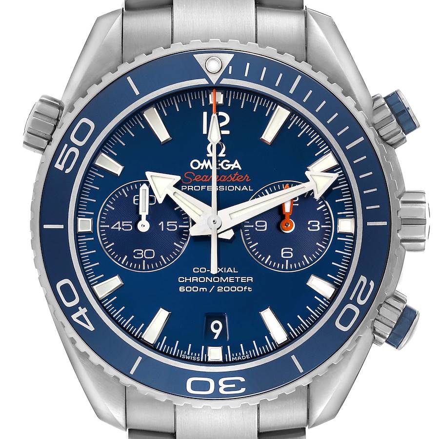 The Omega Planet Ocean watch is shown from the front, displaying the dial, bezel, chronograph subdials, and crown.