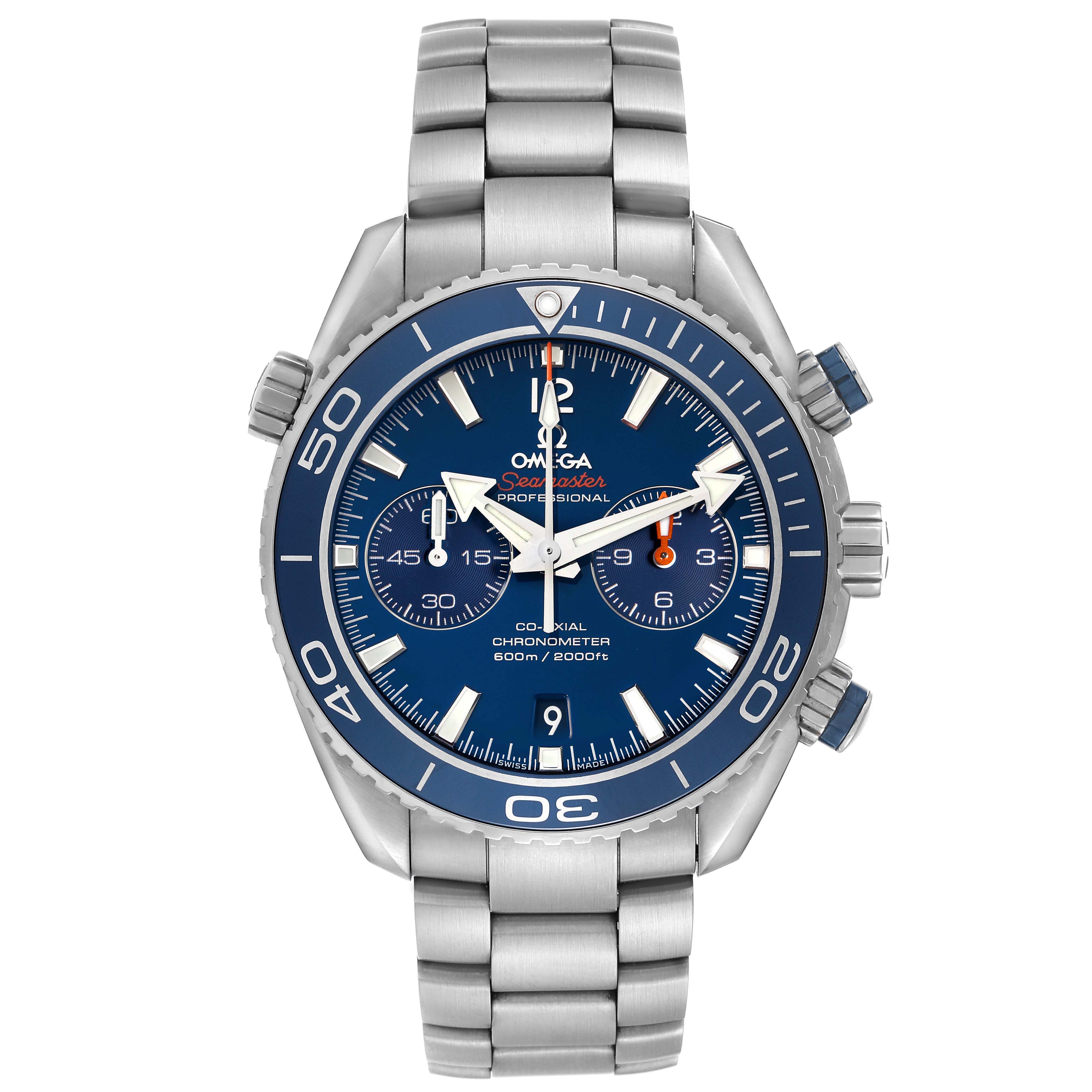 The Omega Planet Ocean 232.90.46.51.03.001 Men
s Stainless Steel Blue Dial 232.90.46.51.03.001 Men
s Stainless Steel Blue Dial watch is shown from a front angle, highlighting its bezel, dial, and metallic bracelet.