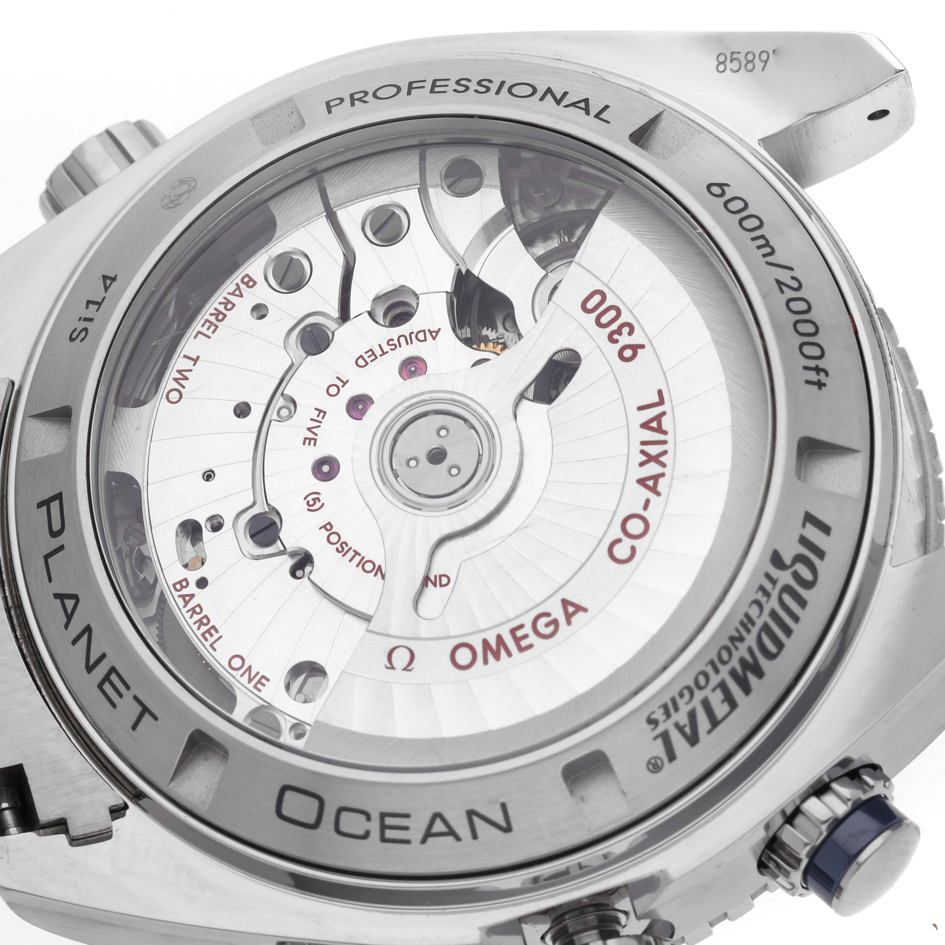 The image shows the back of an Omega Planet Ocean 232.90.46.51.03.001 Men
s Stainless Steel Blue Dial 232.90.46.51.03.001 Men
s Stainless Steel Blue Dial watch, highlighting its transparent case back and visible co-axial movement.