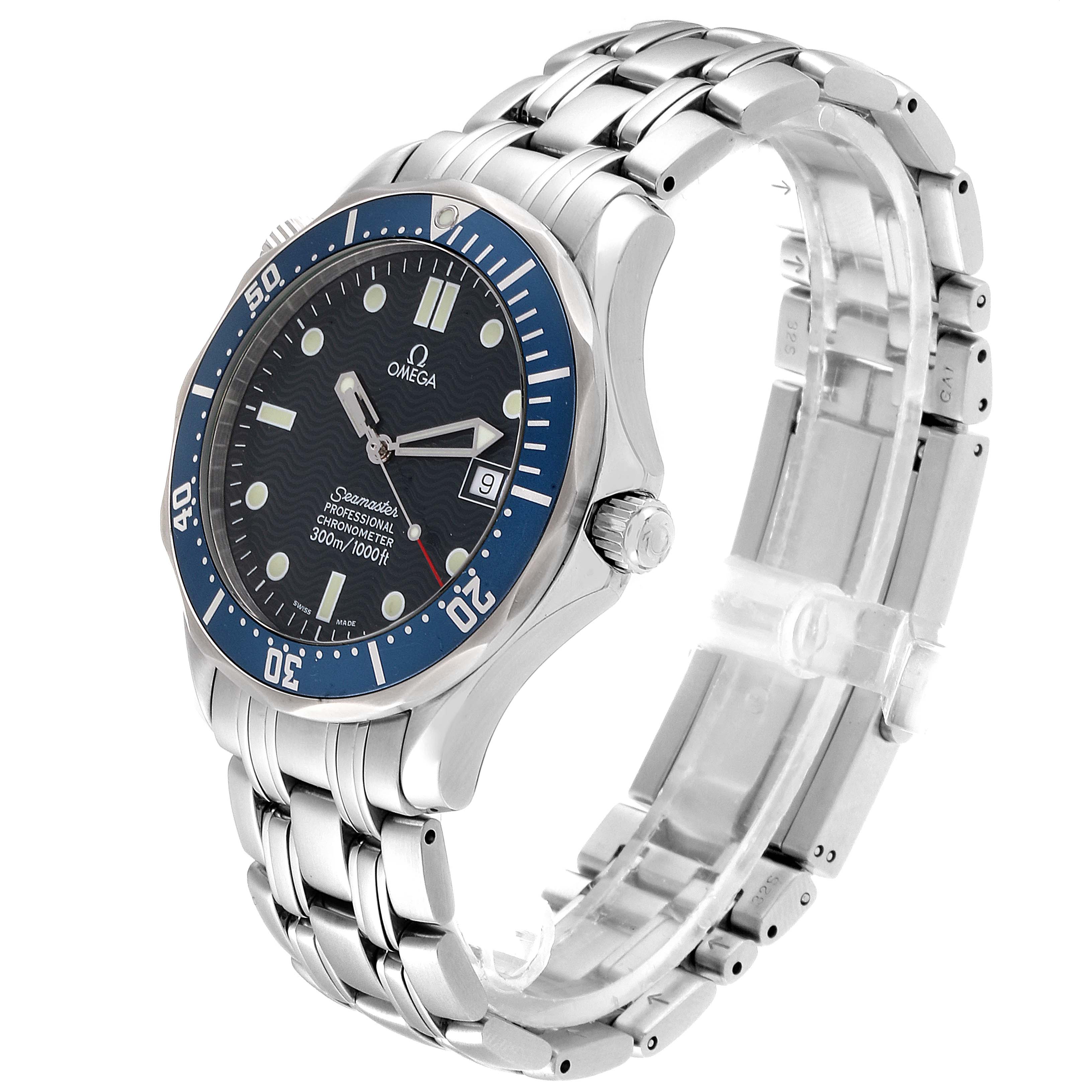 The Omega Seamaster 2531.80.00 Men
s Stainless Steel Blue Dial 2531.80.00 Men
s Stainless Steel Blue Dial watch is shown at an angle highlighting the dial, bezel, and stainless steel bracelet.
