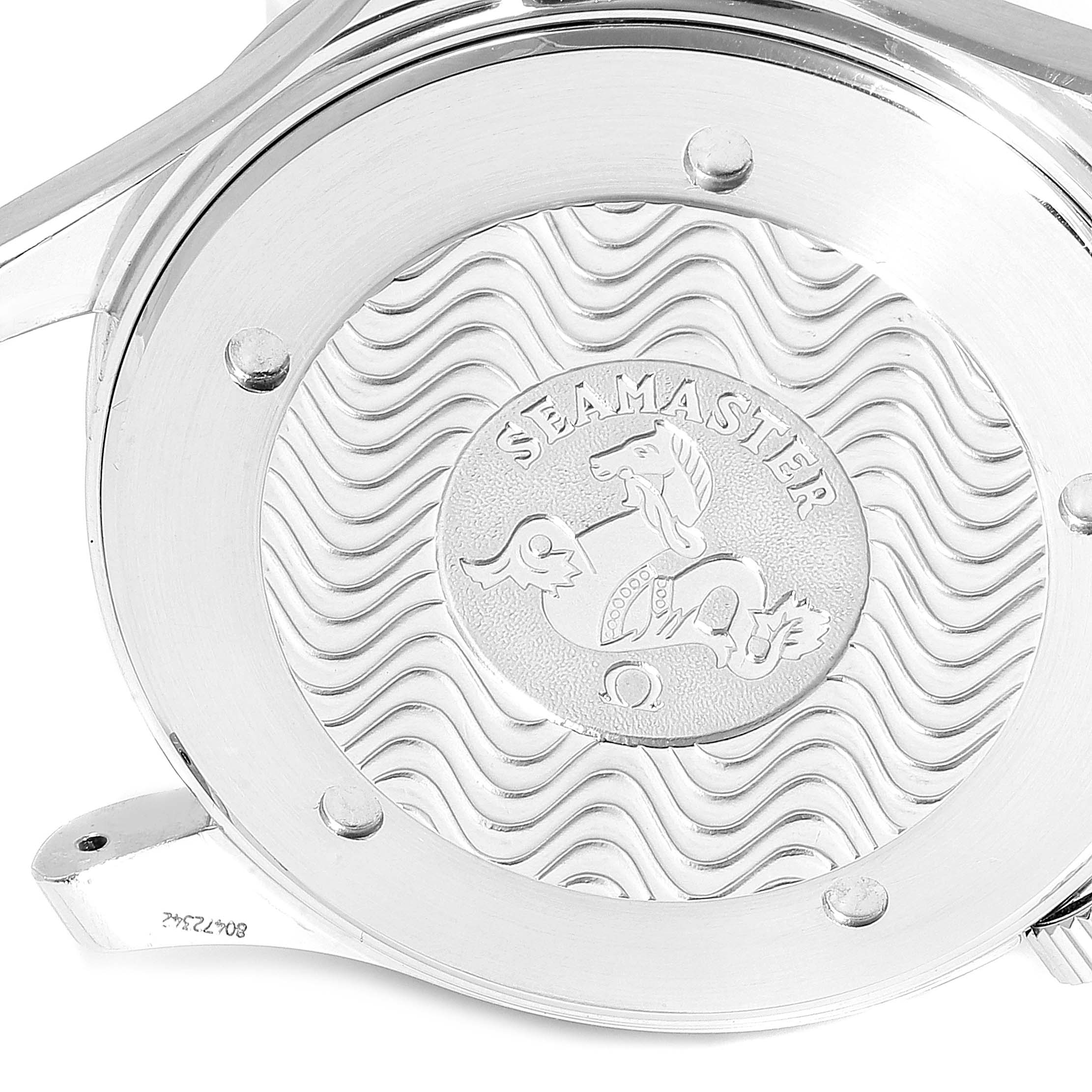 This image shows the back case of an Omega Seamaster 2531.80.00 Men
s Stainless Steel Blue Dial 2531.80.00 Men
s Stainless Steel Blue Dial watch, featuring its distinctive wave patterns and seahorse logo.