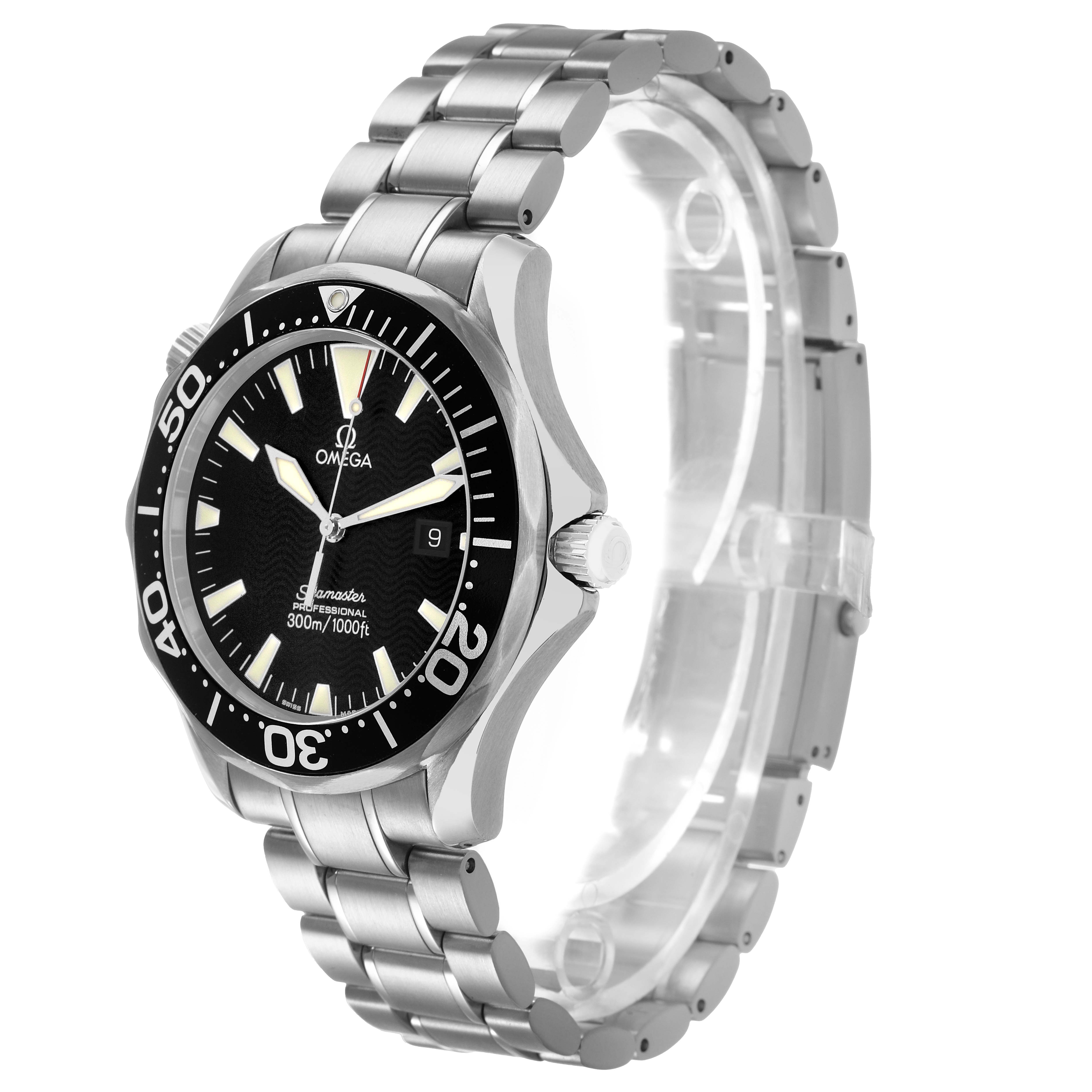 The Omega Seamaster 2264.50.00 Mens Stainless Steel Black Dial watch is shown at an angled front view, highlighting the dial, bezel, crown, and metal bracelet.