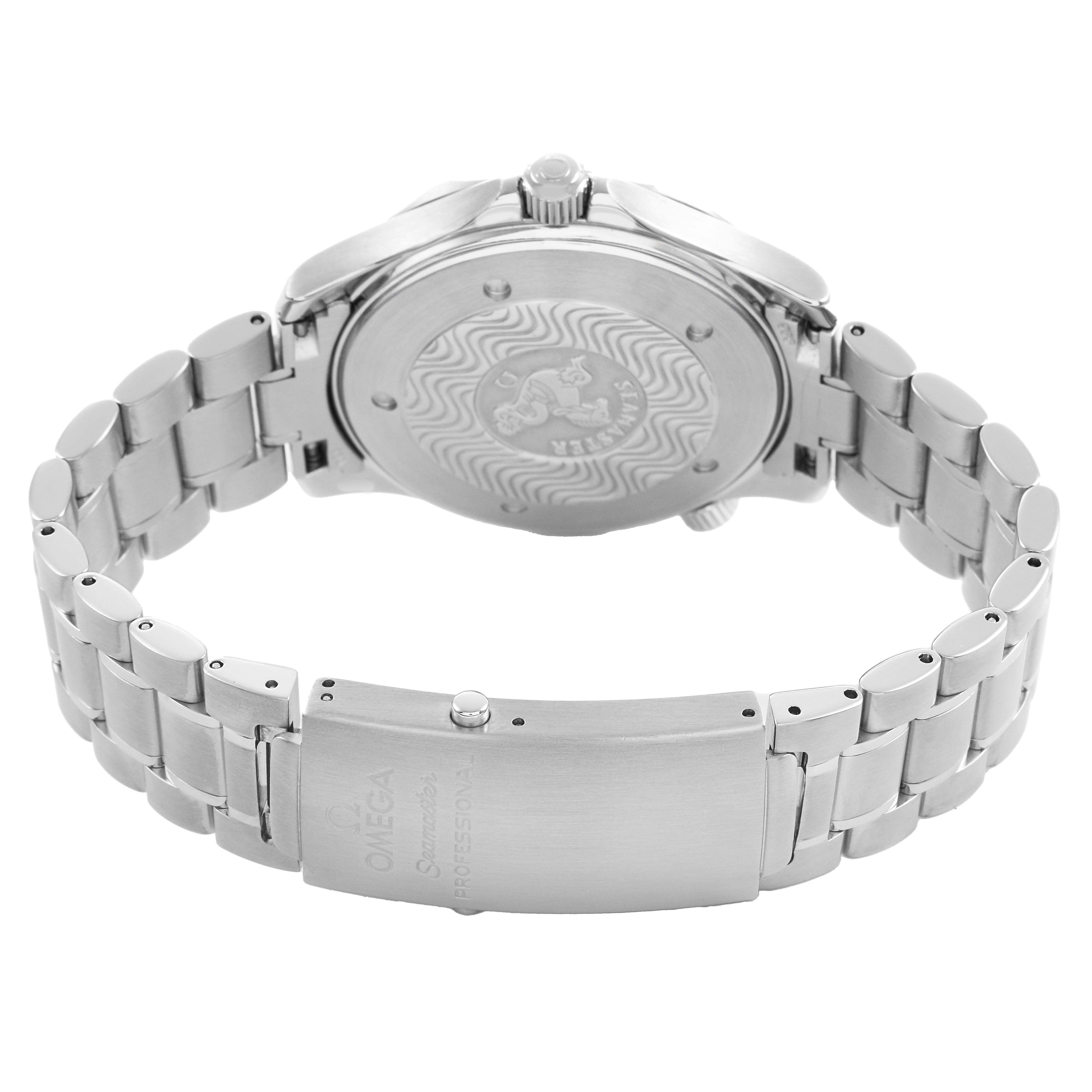 The image shows the back view of an Omega Seamaster 2264.50.00 Mens Stainless Steel Black Dial watch, focusing on the case back, bracelet, and clasp.