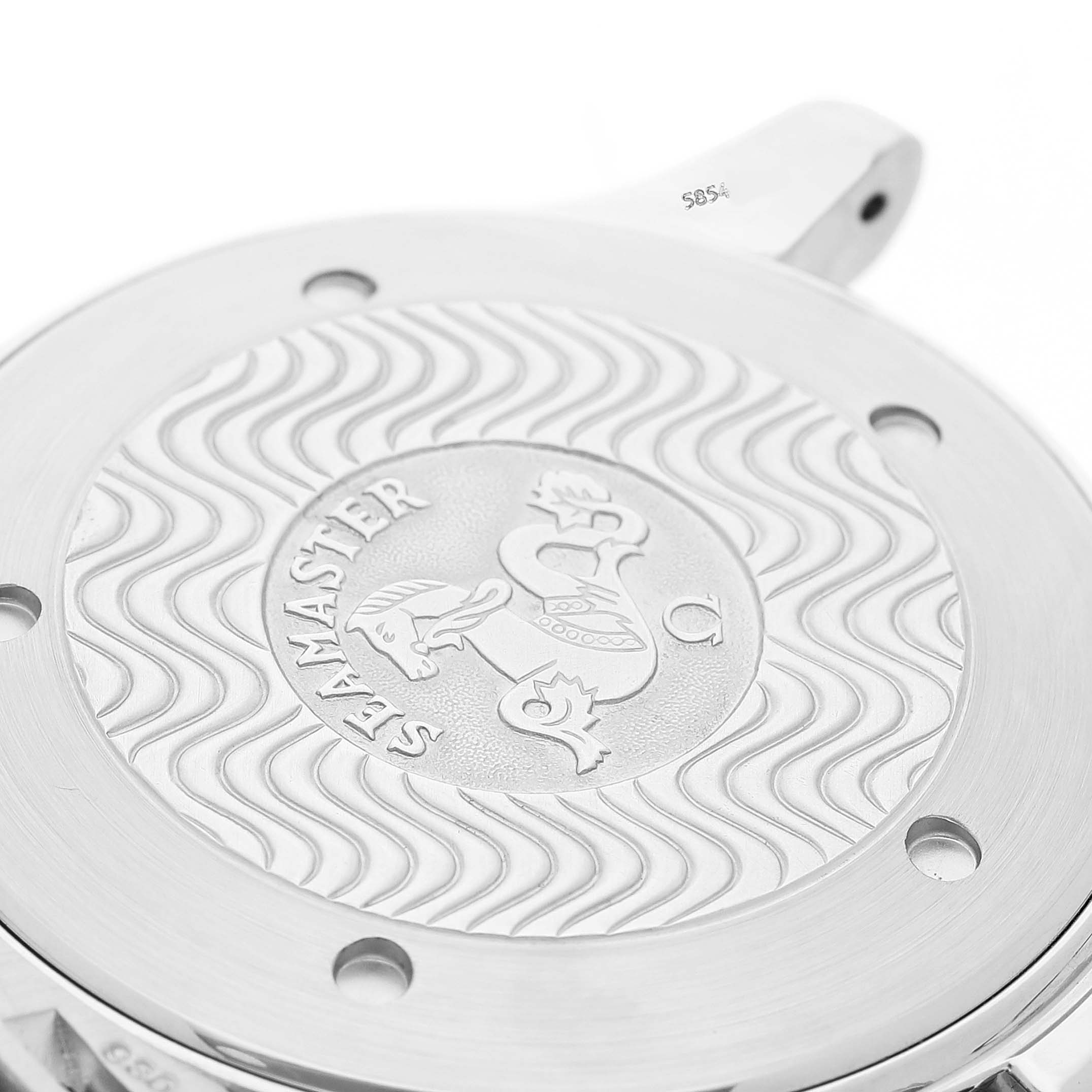 The image shows the back case of an Omega Seamaster 2264.50.00 Mens Stainless Steel Black Dial watch, highlighting the engraved design with a wavy pattern.