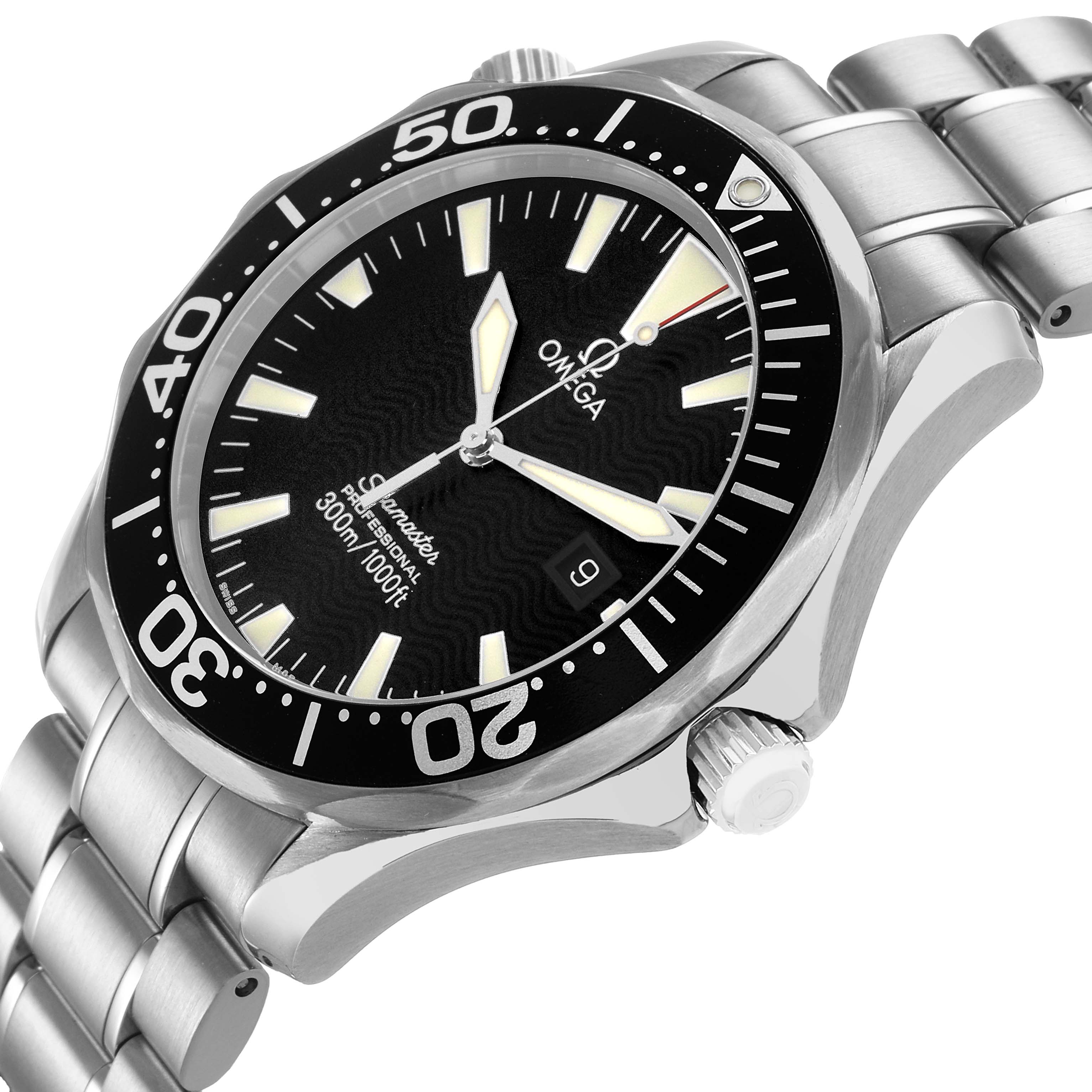 The image shows a side view of the Omega Seamaster 2264.50.00 Mens Stainless Steel Black Dial watch, highlighting the bezel, dial, crown, and bracelet.